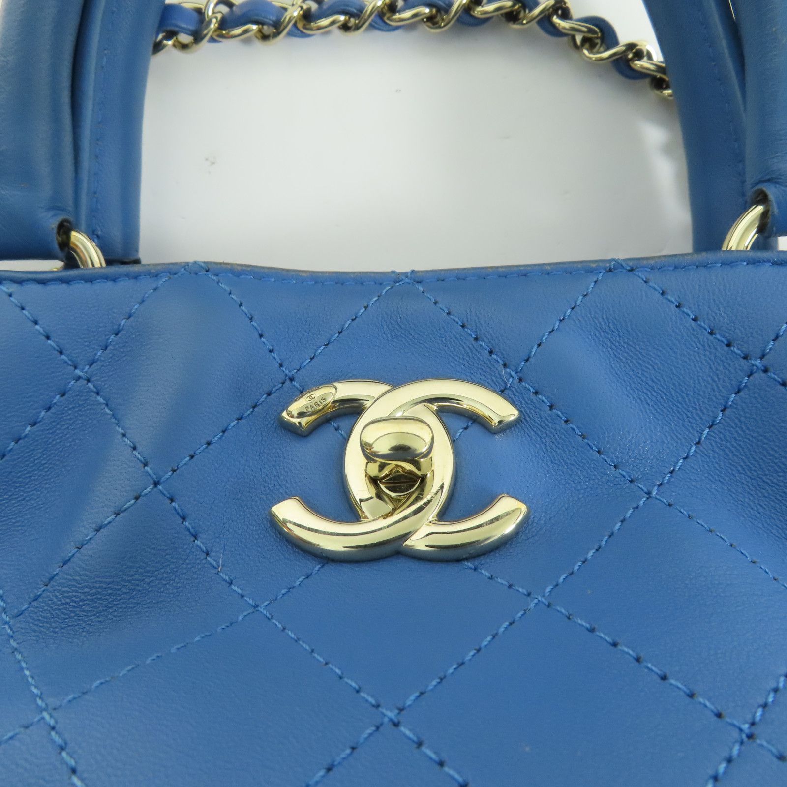 Stitched Bucket Bag w/Top Handle and Chain, Blue — view 8