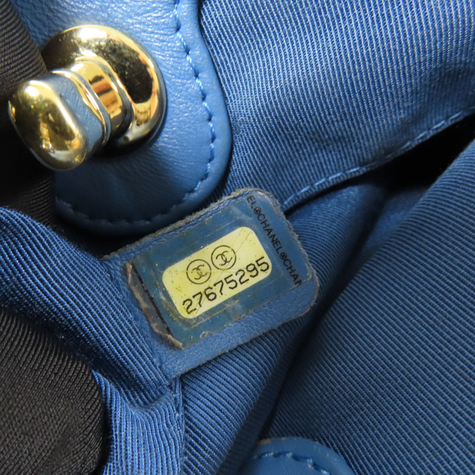 Stitched Bucket Bag w/Top Handle and Chain, Blue — view 10