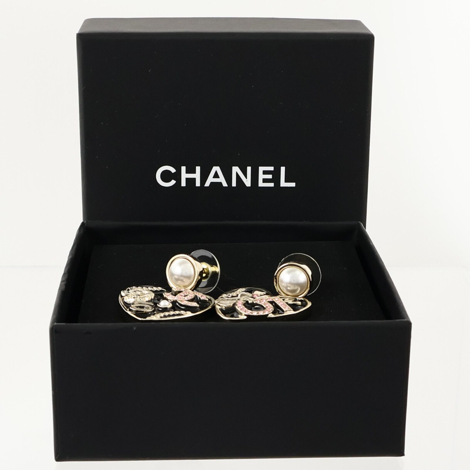 Gold Tone Heart Logos Pierced Earrings w/Box — view 8
