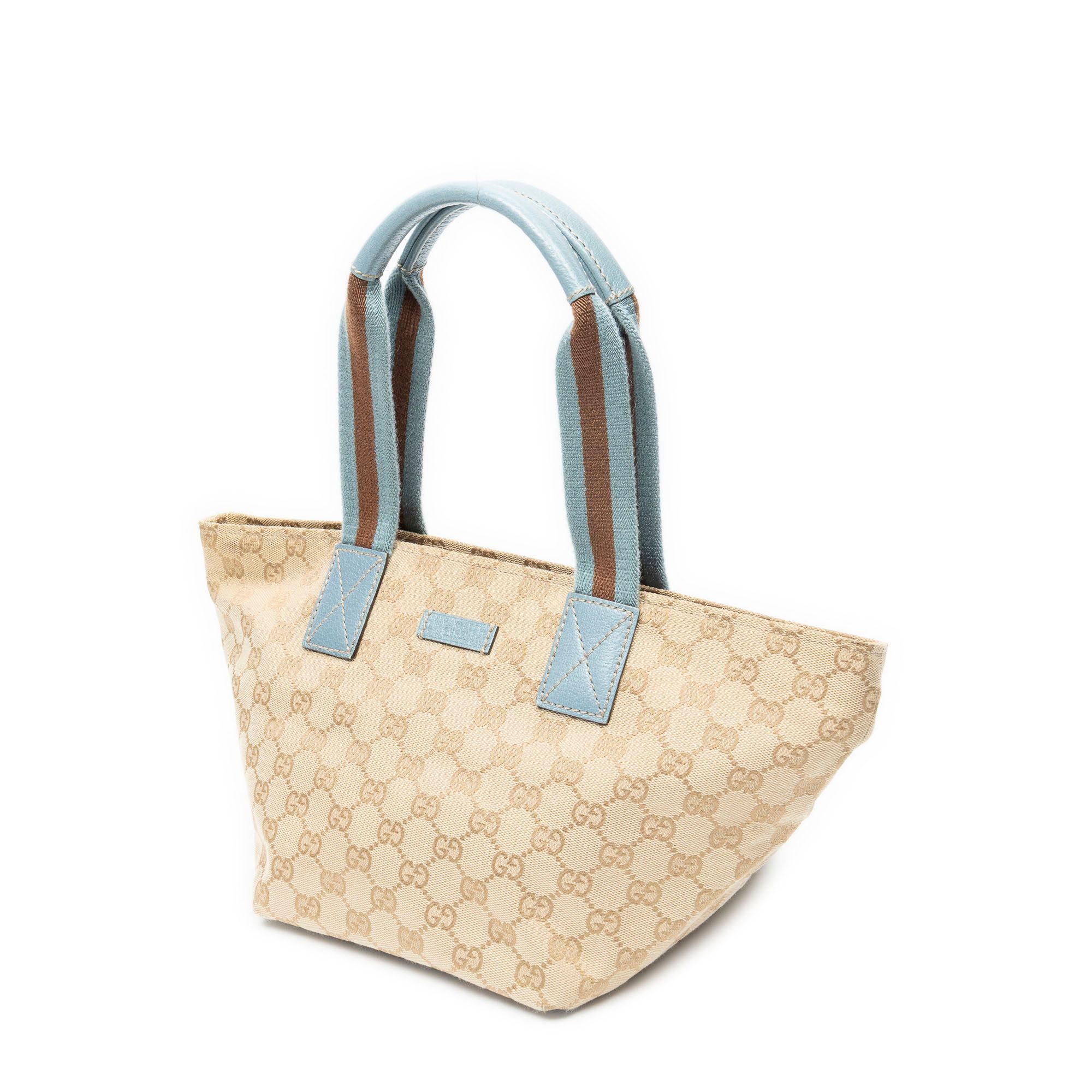 Small Web Trapeze Tote Beige/Light Blue Monogrammed Canvas Silver — view 2