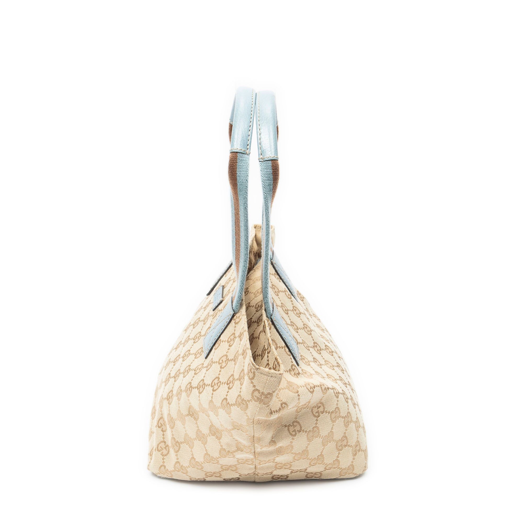 Small Web Trapeze Tote Beige/Light Blue Monogrammed Canvas Silver — view 3