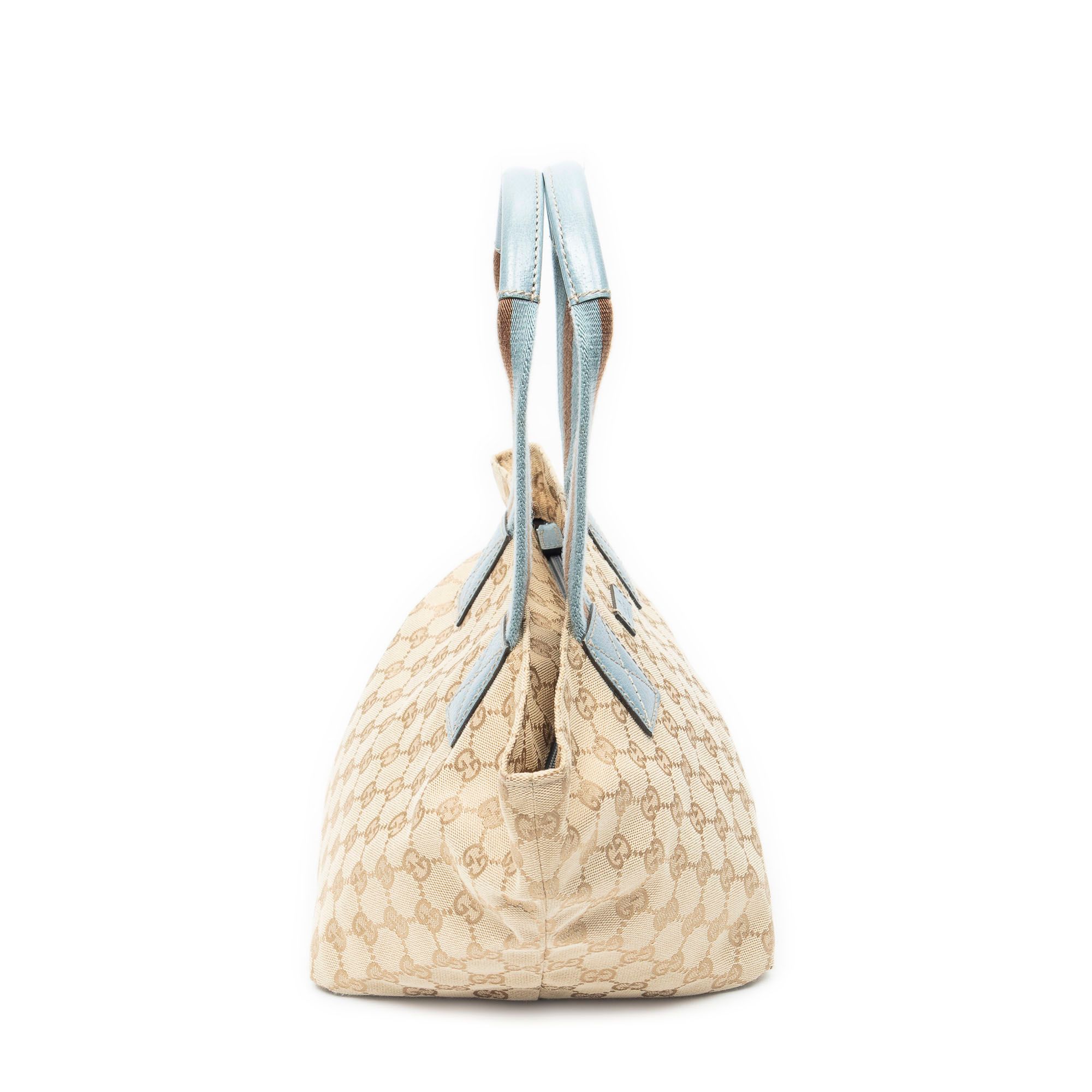 Small Web Trapeze Tote Beige/Light Blue Monogrammed Canvas Silver — view 4