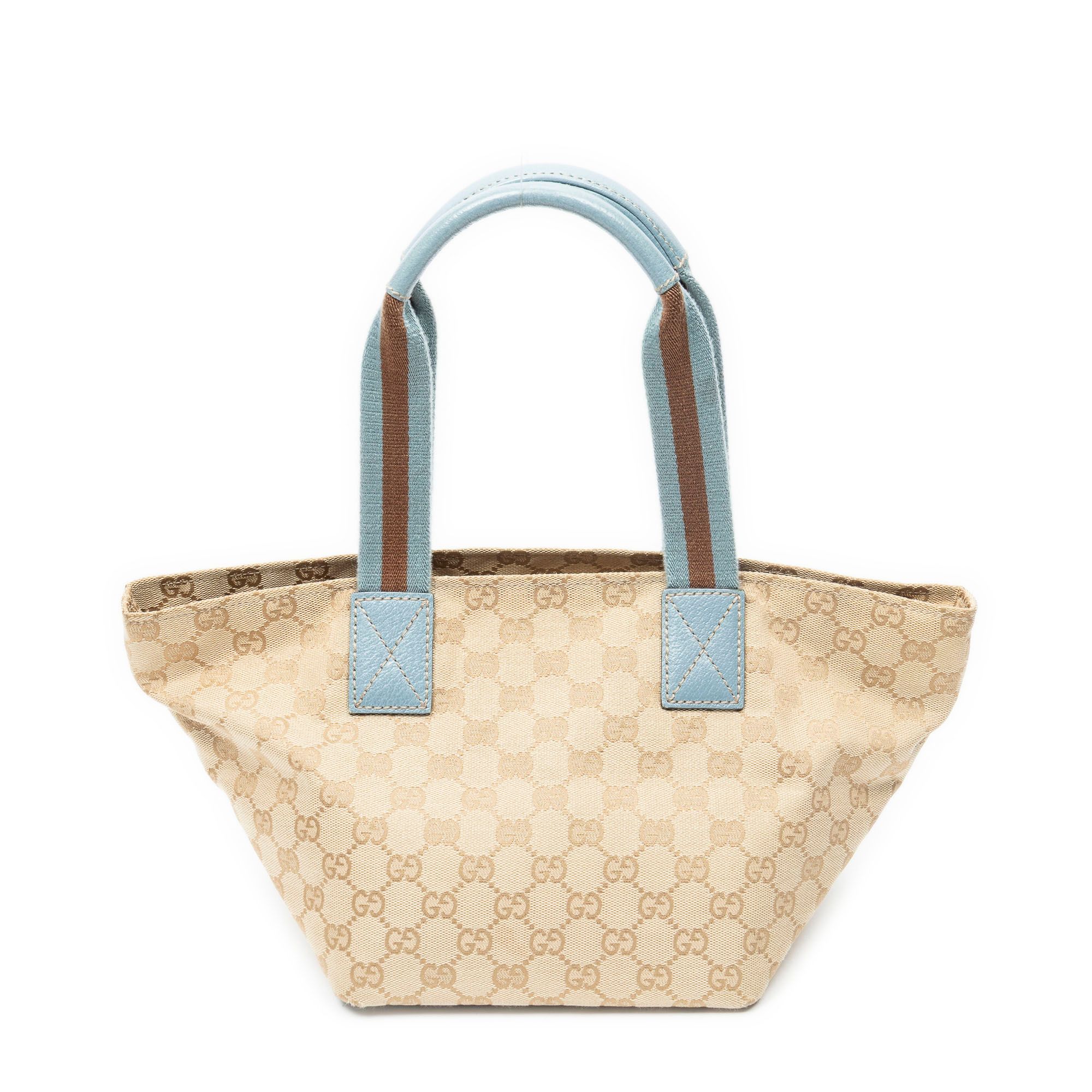 Small Web Trapeze Tote Beige/Light Blue Monogrammed Canvas Silver — view 5