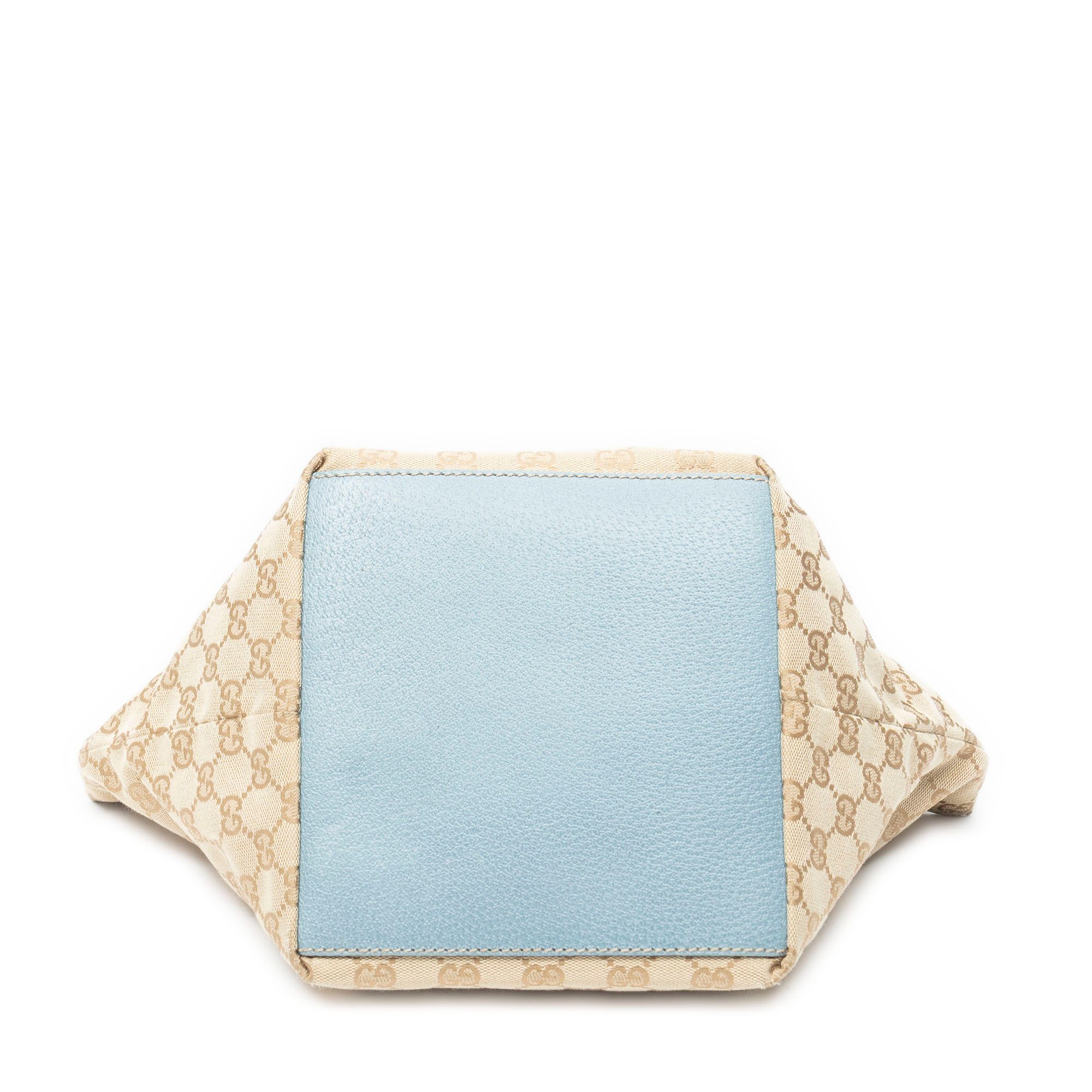 Small Web Trapeze Tote Beige/Light Blue Monogrammed Canvas Silver — view 6