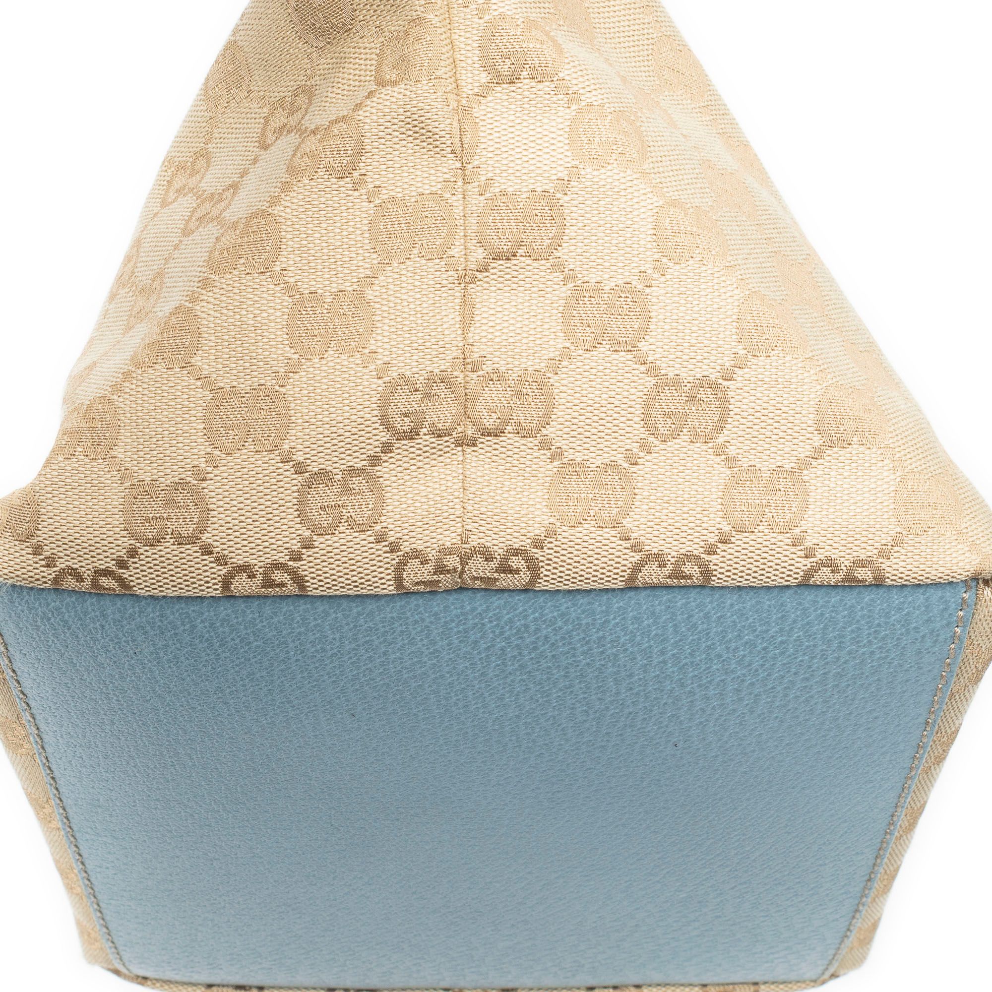 Small Web Trapeze Tote Beige/Light Blue Monogrammed Canvas Silver — view 7
