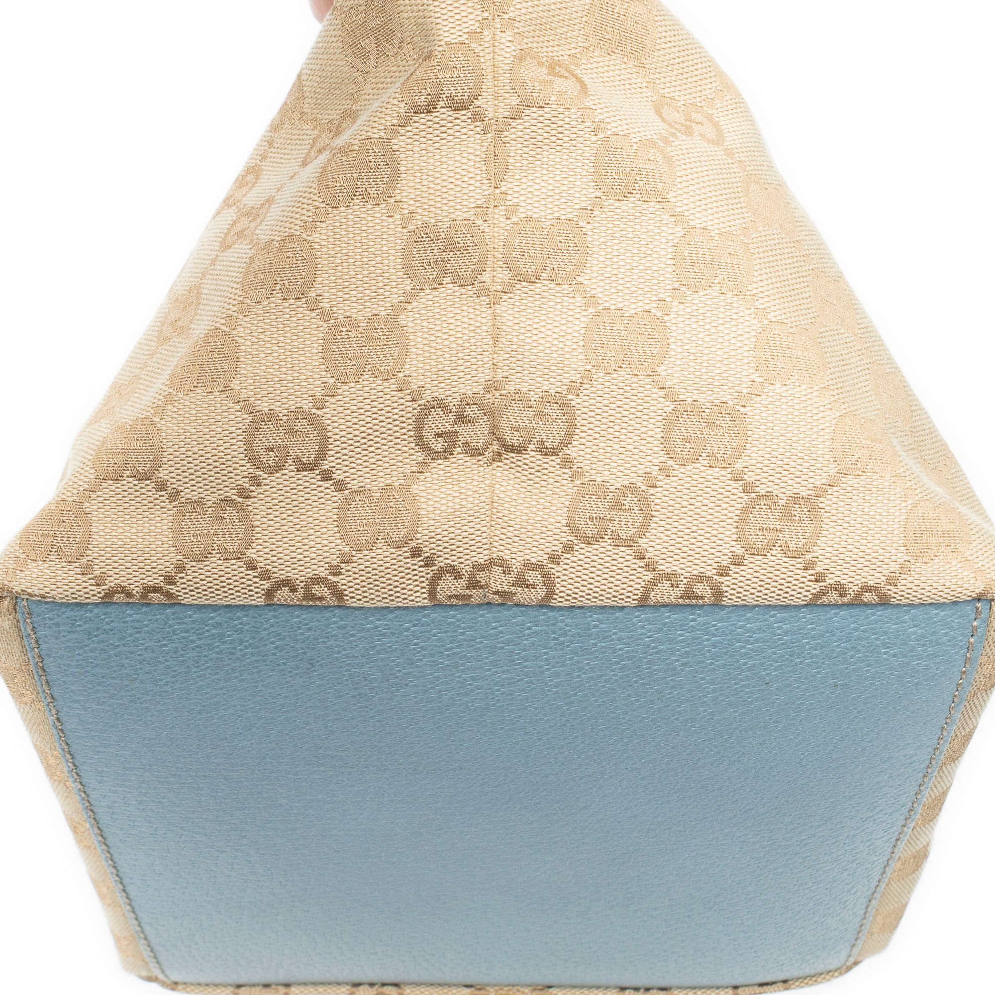 Small Web Trapeze Tote Beige/Light Blue Monogrammed Canvas Silver — view 8