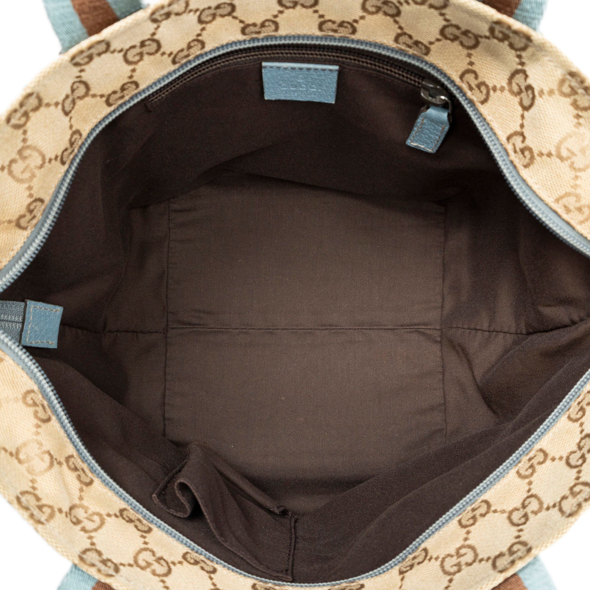 Small Web Trapeze Tote Beige/Light Blue Monogrammed Canvas Silver — view 9