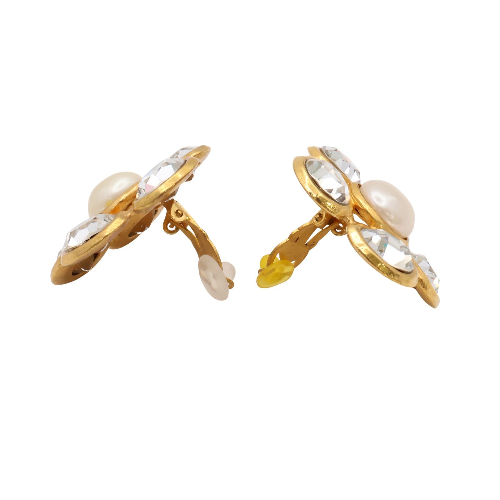 Vintage Gold-Tone Faux Pearl & Rhinestone Clip-On Earrings — view 3