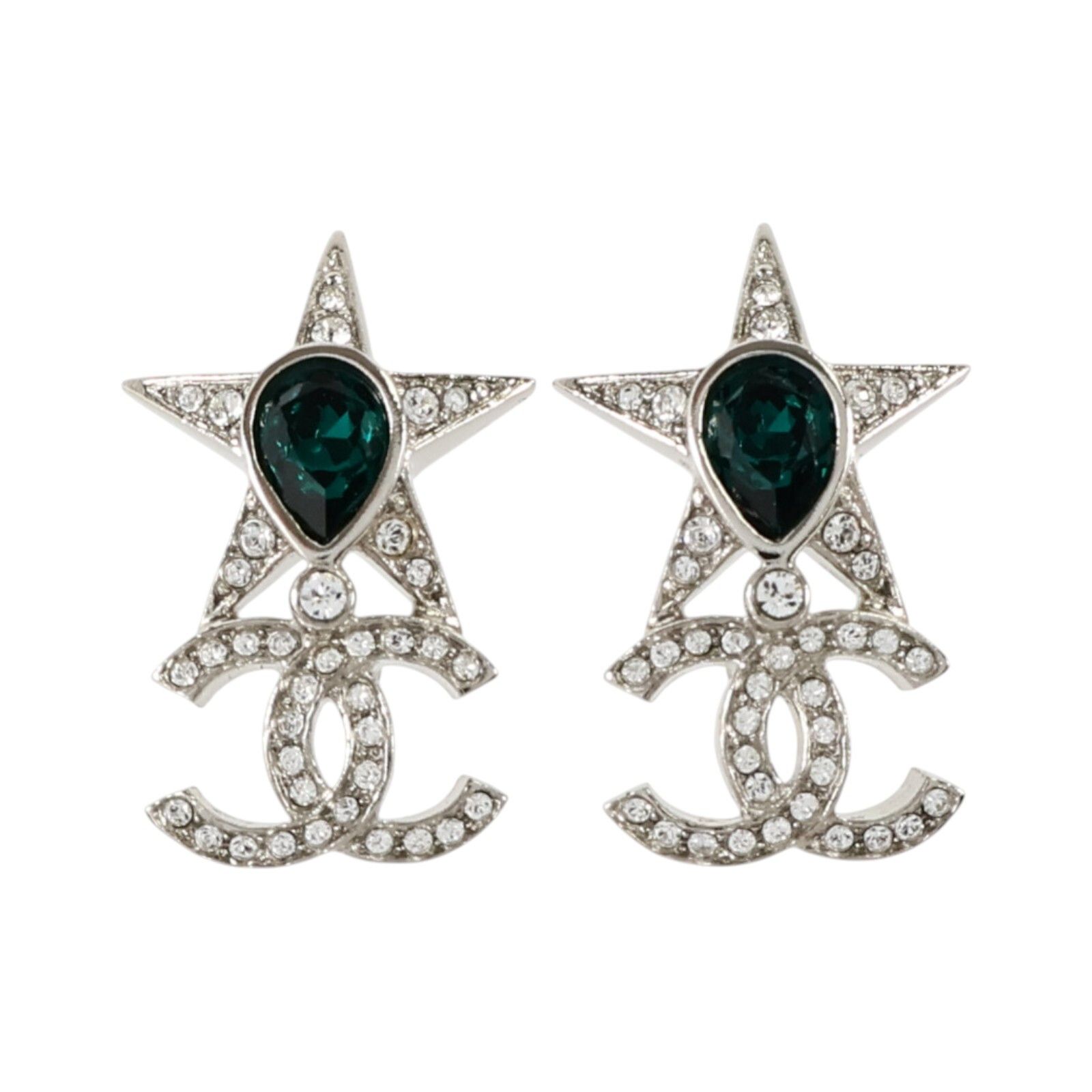 Silver Star Stone Drop Pierced Earrings w/Box