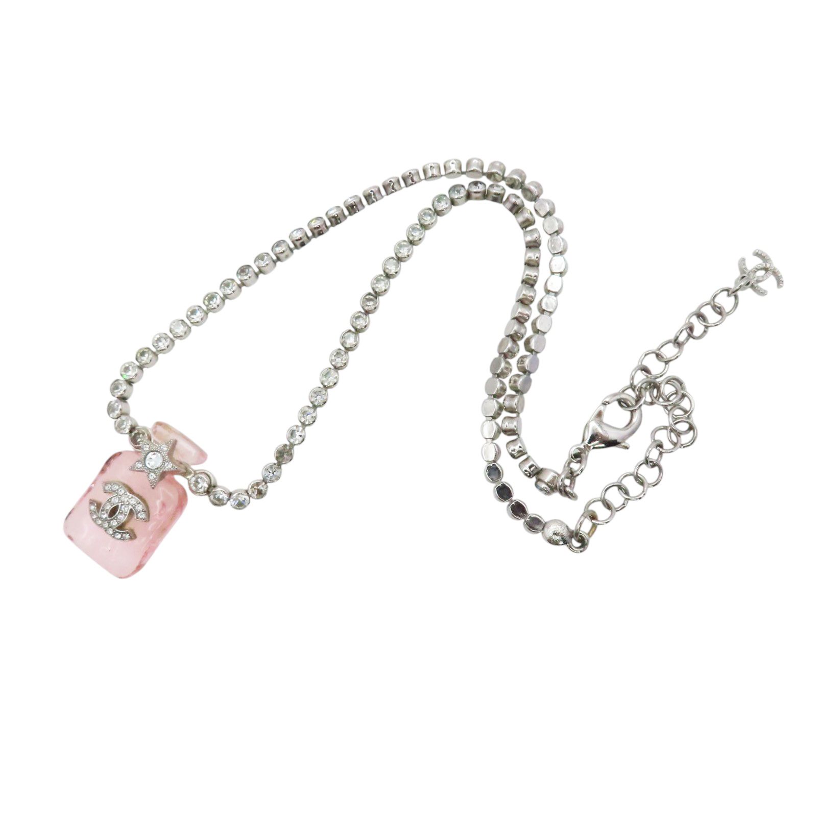 Crystal and Resin Pink Bezel Set Perfume Bottle Pendant Necklace — view 3