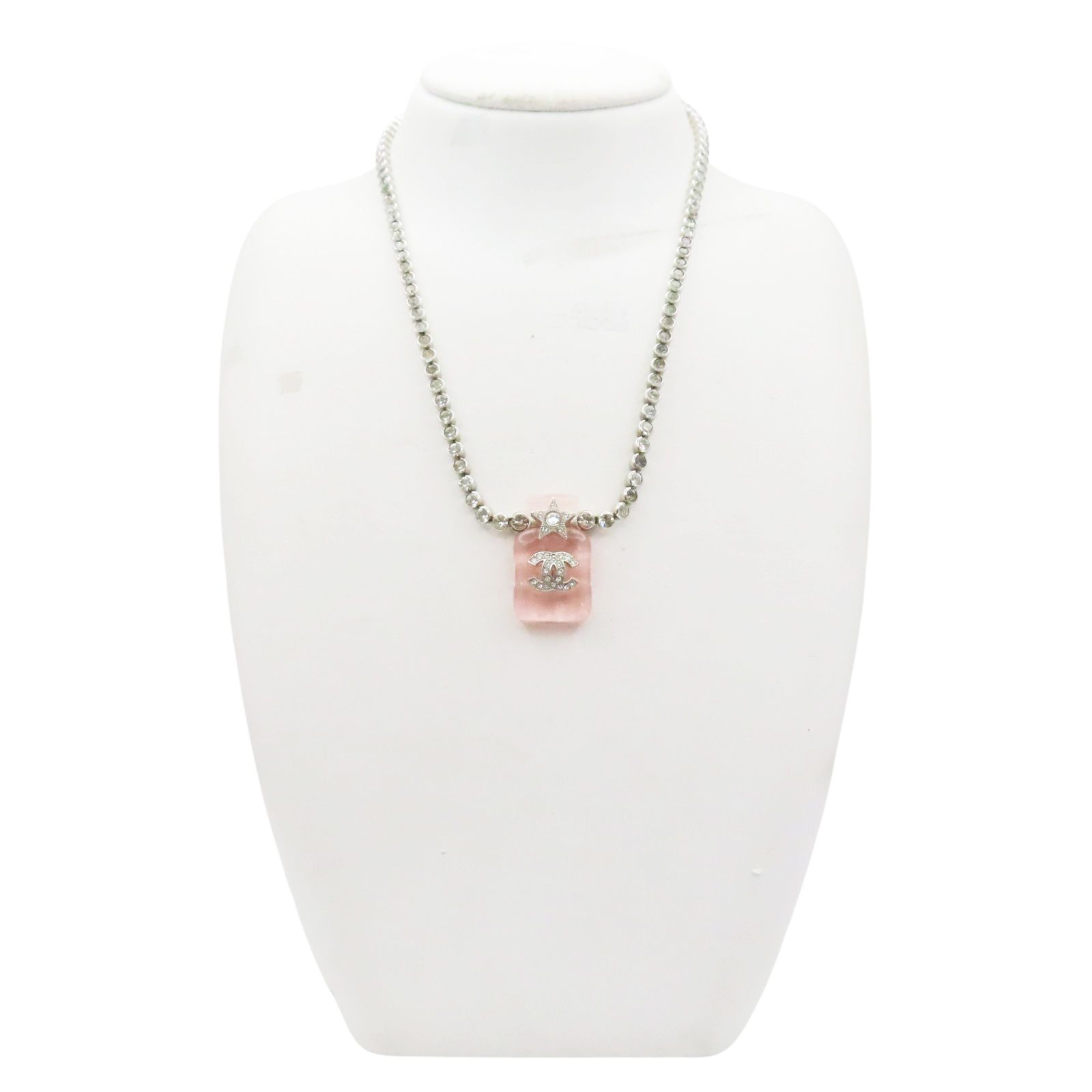 Crystal and Resin Pink Bezel Set Perfume Bottle Pendant Necklace — view 6