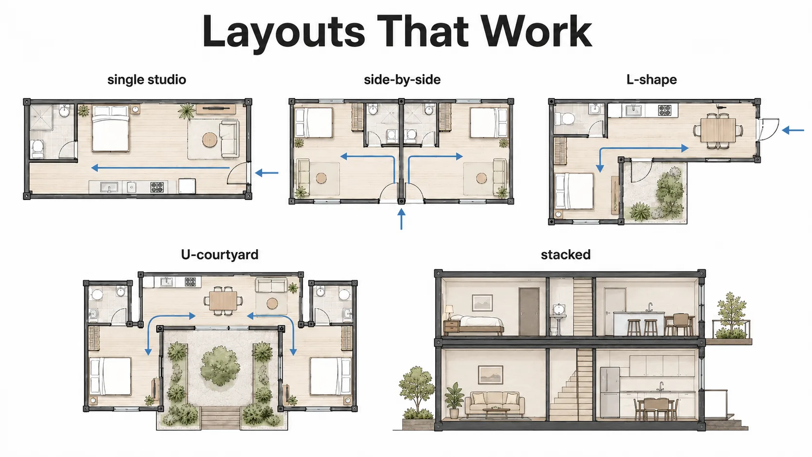 Floor plan diagrams showing single, side by side, L shaped, U shaped, and stacked container house layouts
