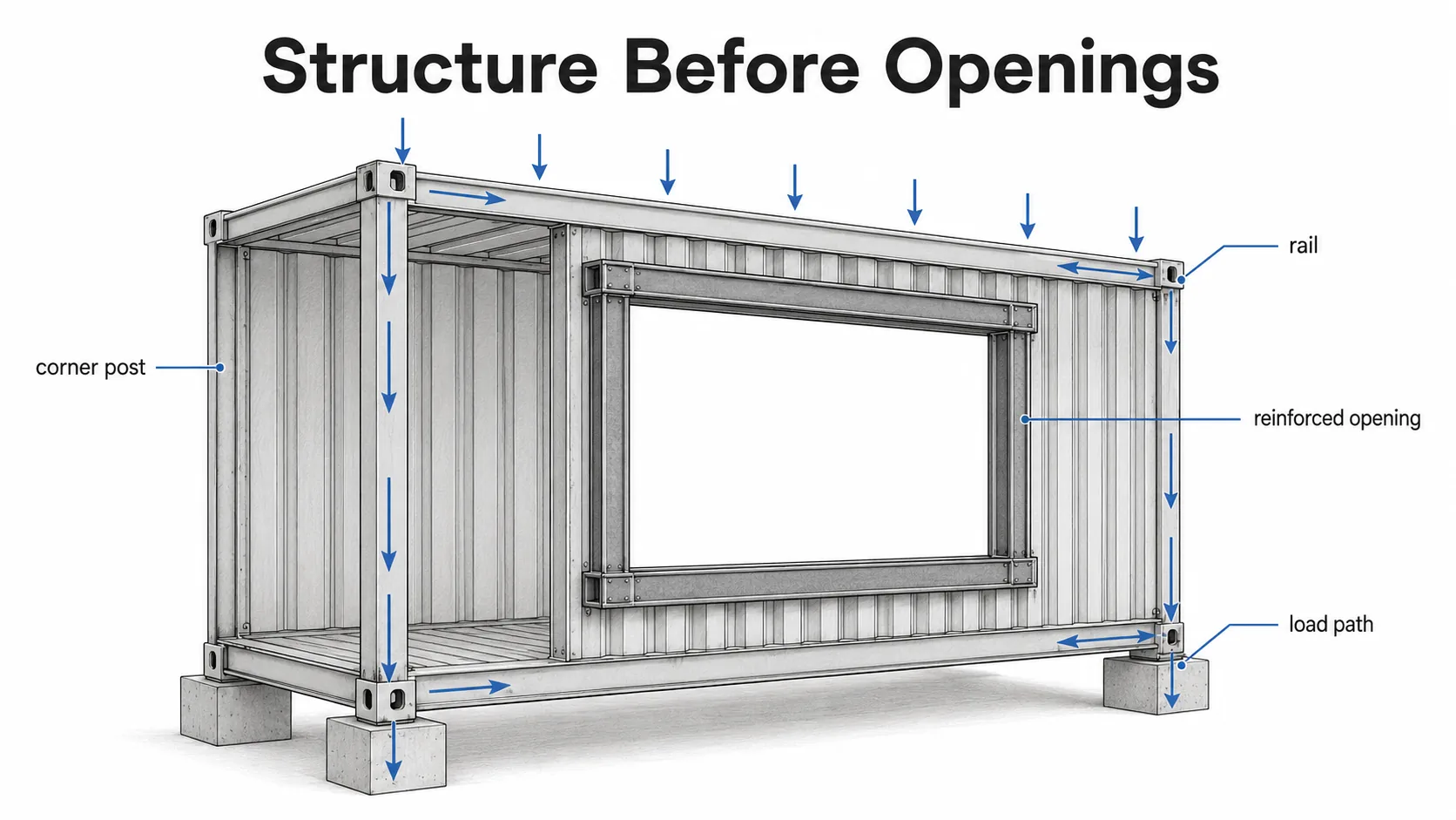 Cutaway structural diagram of a container house showing corner posts, rails, wall cuts, reinforcement frames, and load paths