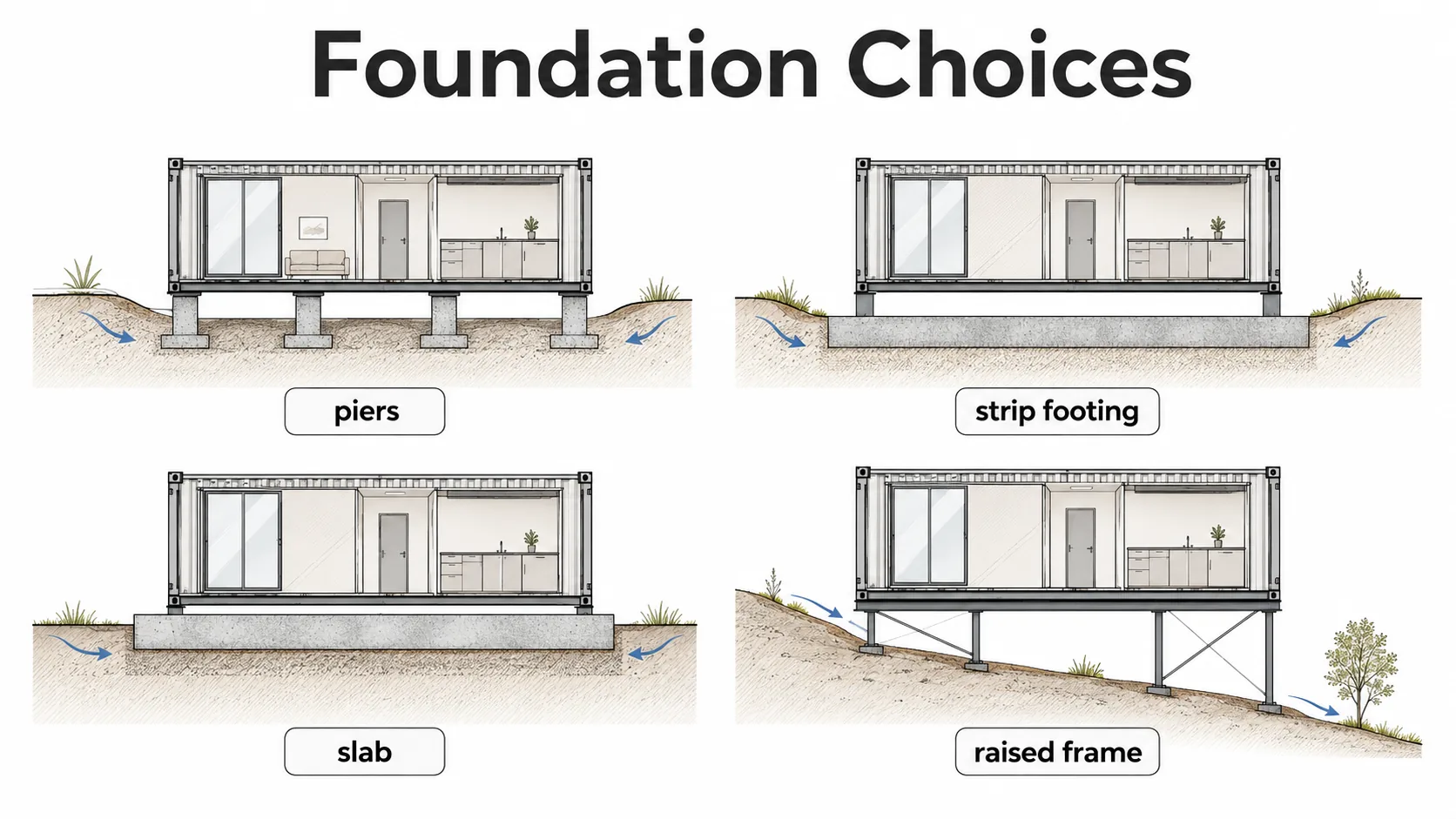 Foundation options for a shipping container house including piers, strip footings, slab, crawlspace, and raised frame