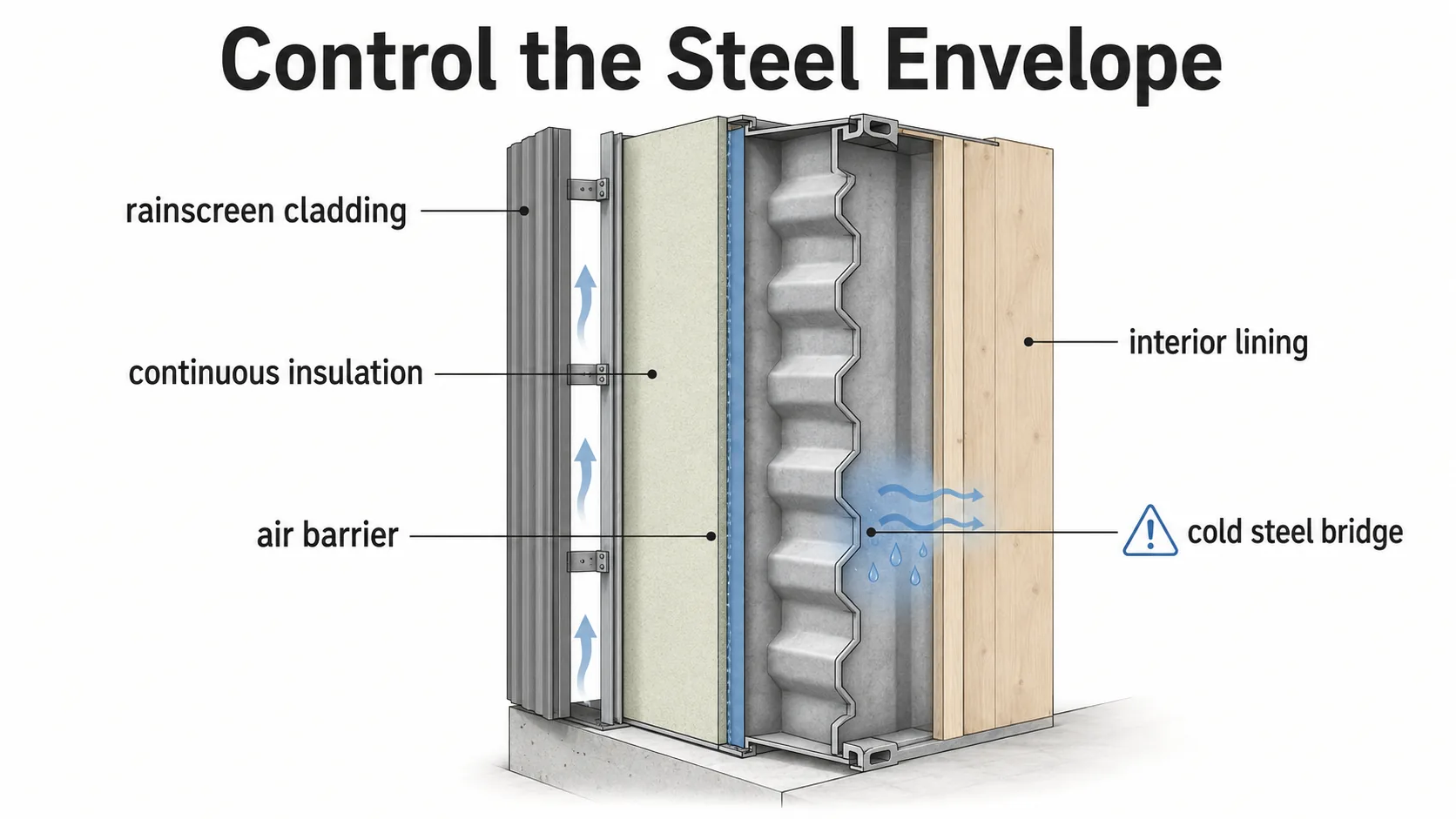 Envelope section of a container house showing steel shell, insulation, air barrier, vapor control, rainscreen cladding, and condensation risk