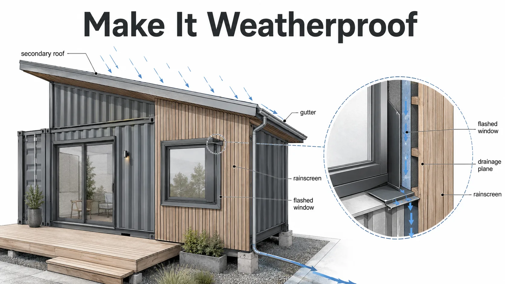 Weatherproofing diagram of a container house showing secondary roof, rainscreen cladding, flashed windows, drainage plane, and corrosion protection
