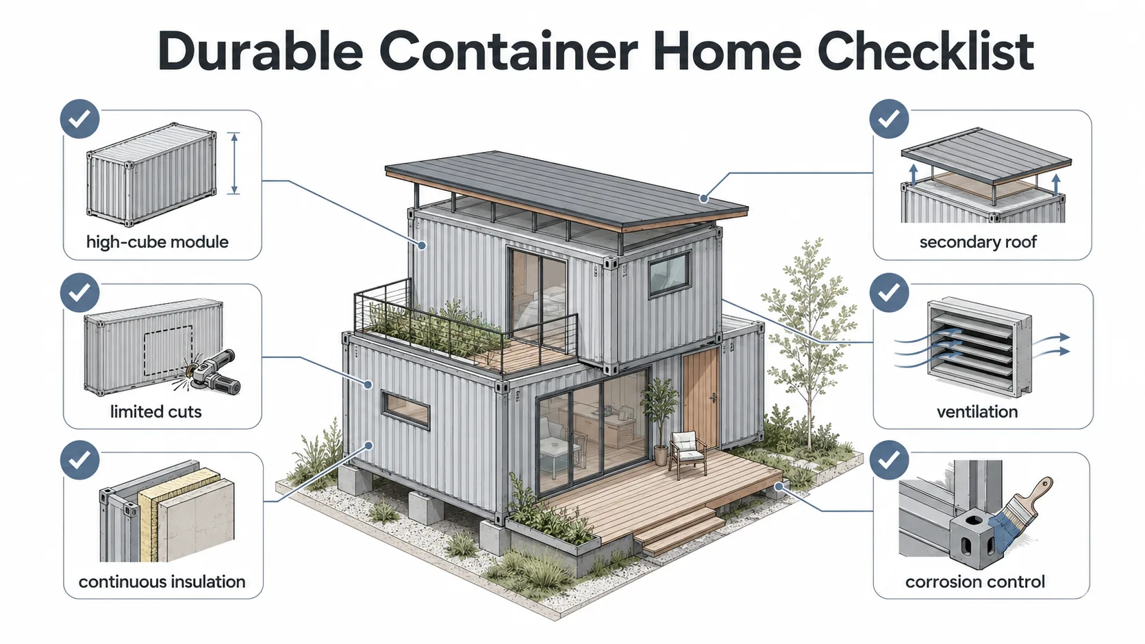 Checklist graphic for durable container house design including high cube module, limited cuts, continuous insulation, roof, ventilation, and corrosion control