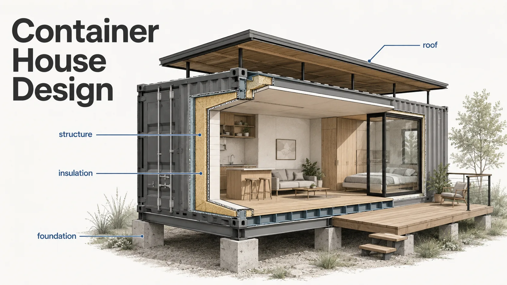 Architectural diagram of a modern shipping container house with layout, insulation, foundation, and structural cutaway details.