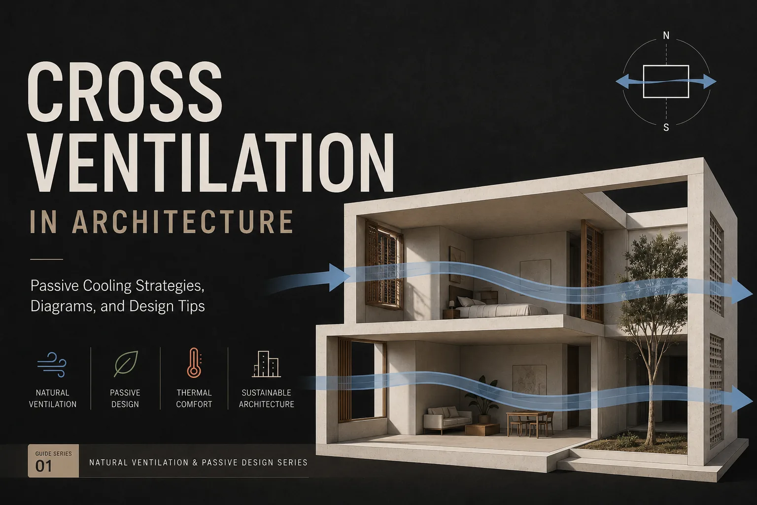 Cross ventilation architecture diagram showing natural airflow through a building with opposite openings.