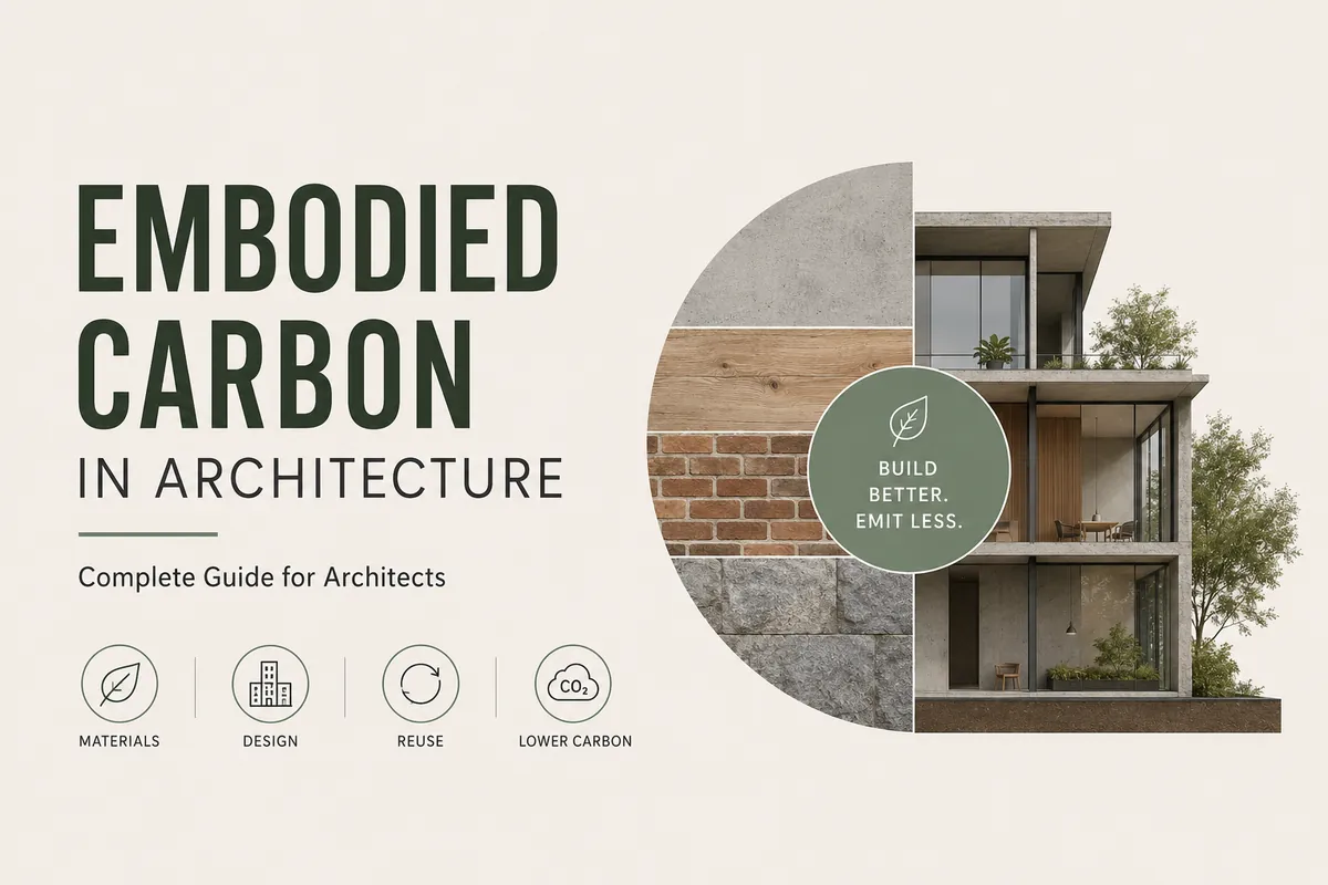 Embodied carbon architecture diagram showing building materials, construction layers, reuse, and carbon impact.