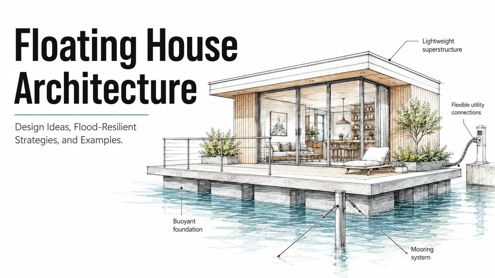 Floating house architecture diagram showing a modern home on a buoyant platform rising with changing water levels.