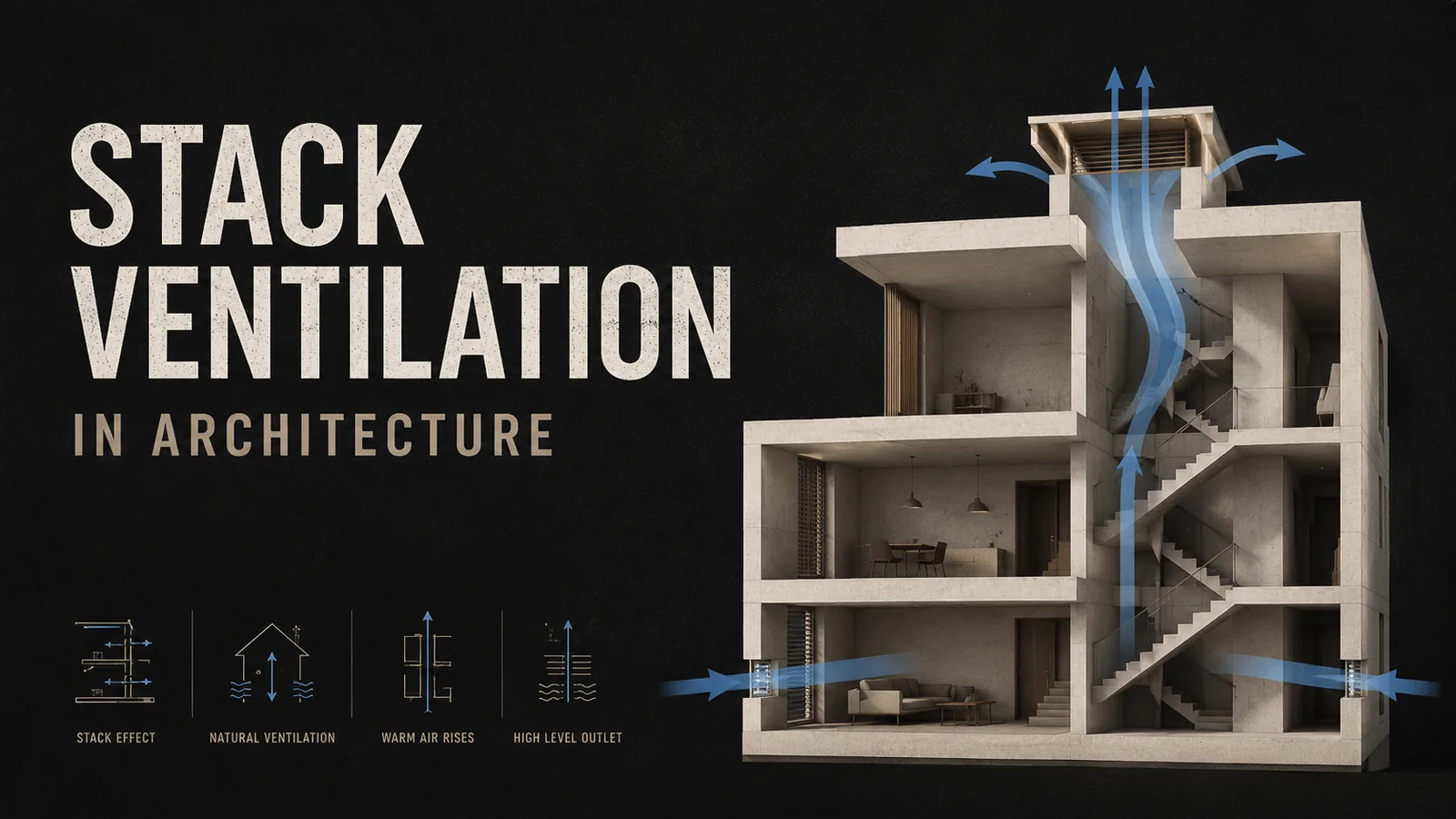 Stack ventilation architecture diagram showing cool air entering low openings and warm air rising through high openings.