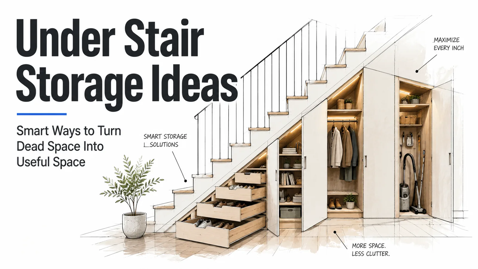 Modern under stair storage with built-in drawers, cupboards, and open shelving in a compact home interior.