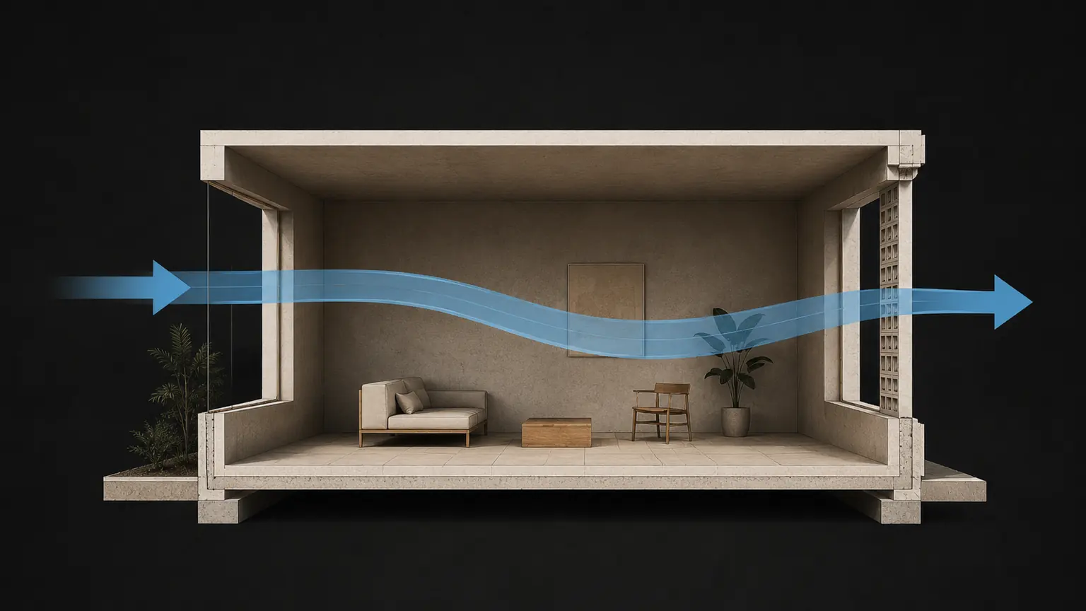 Cross ventilation diagram showing air entering one side of a room and exiting through the opposite side