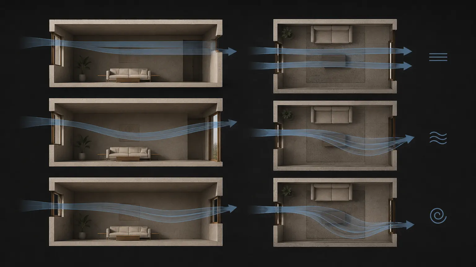 Plan diagram showing different window positions and airflow paths through a room