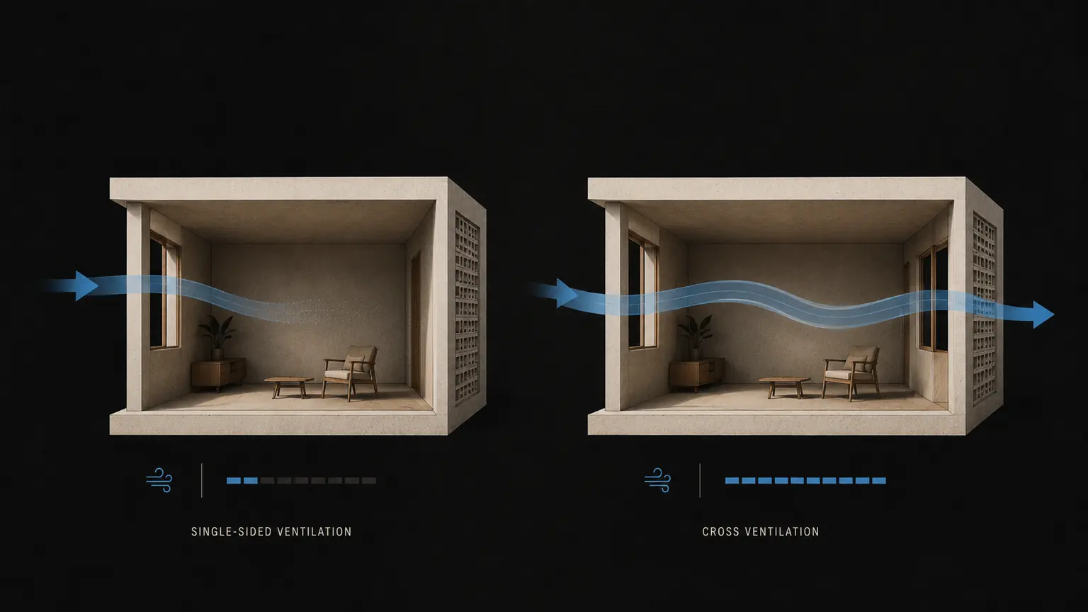 Comparison diagram between single-sided ventilation and cross ventilation