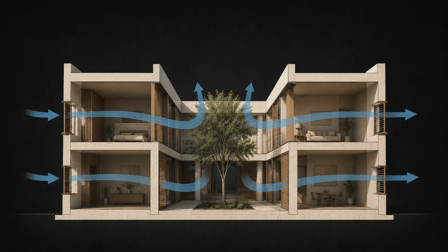 Courtyard house diagram showing air moving from exterior openings toward a shaded inner courtyard