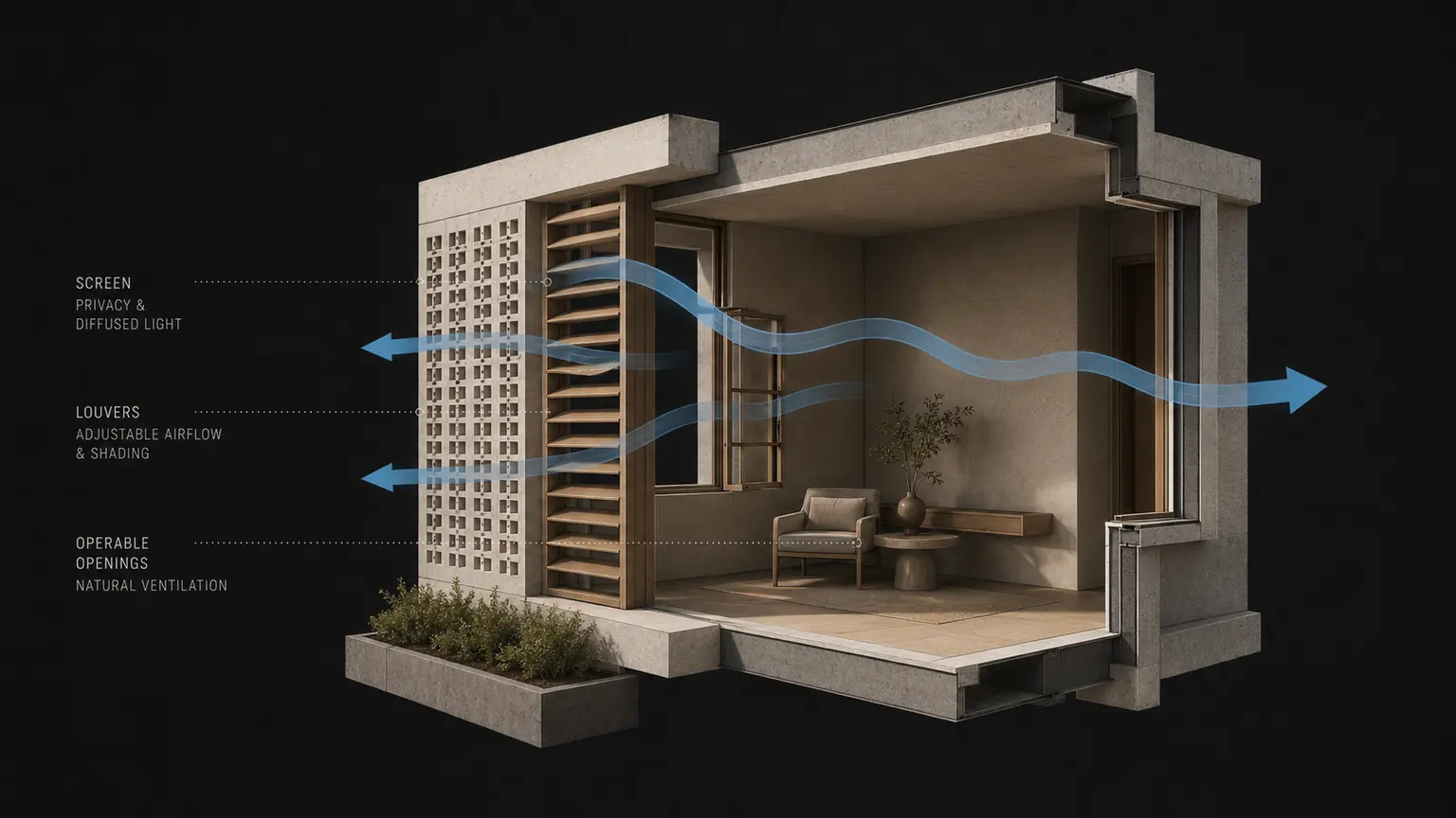 Facade diagram showing louvers, screens, and operable windows used for privacy and airflow