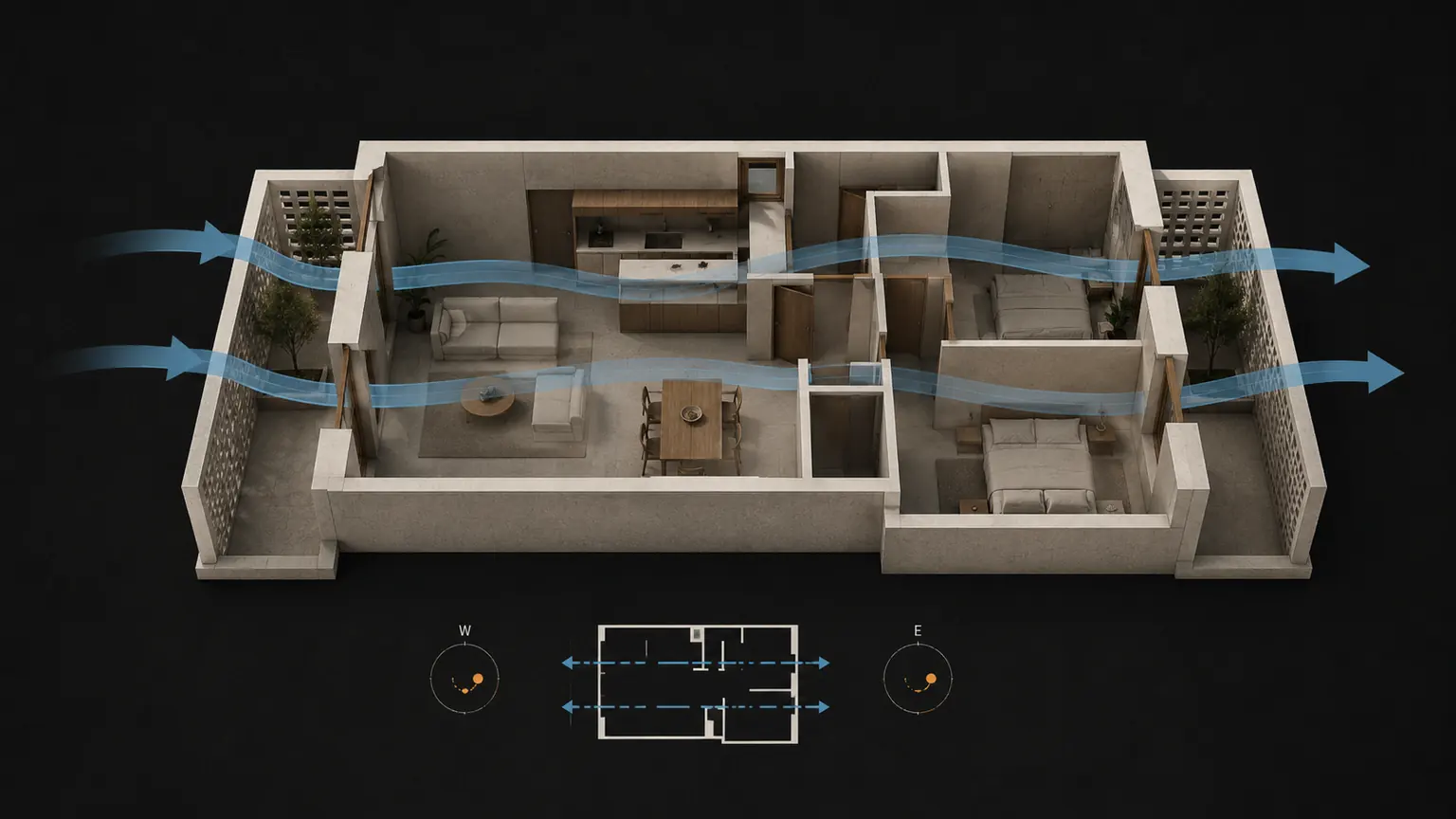 Apartment plan diagram showing dual-aspect ventilation and airflow across a residential unit
