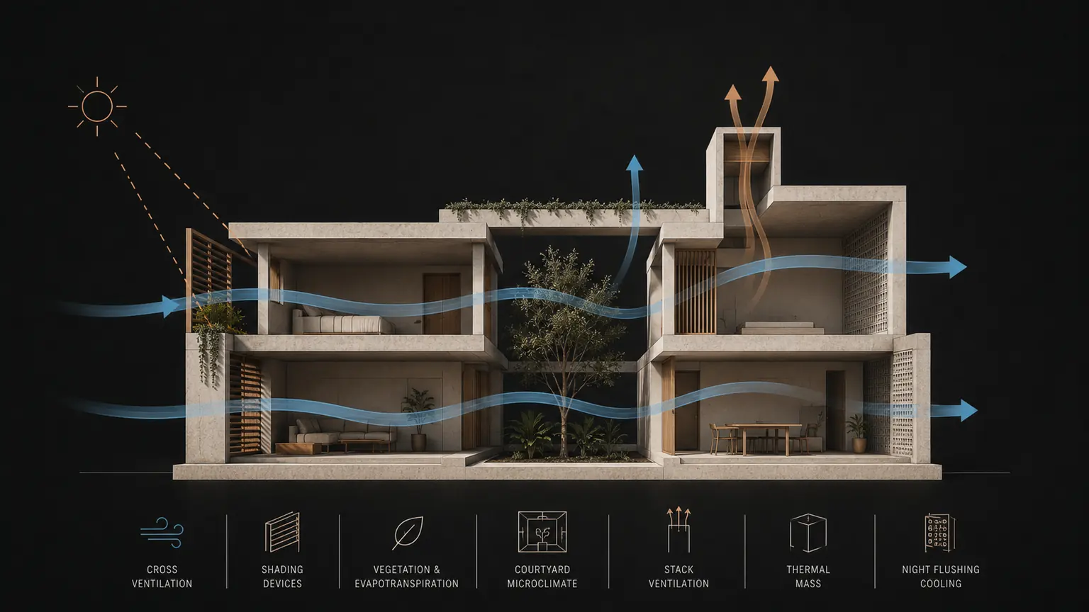 Passive cooling system diagram showing cross ventilation, stack ventilation, shading, and courtyard cooling working together