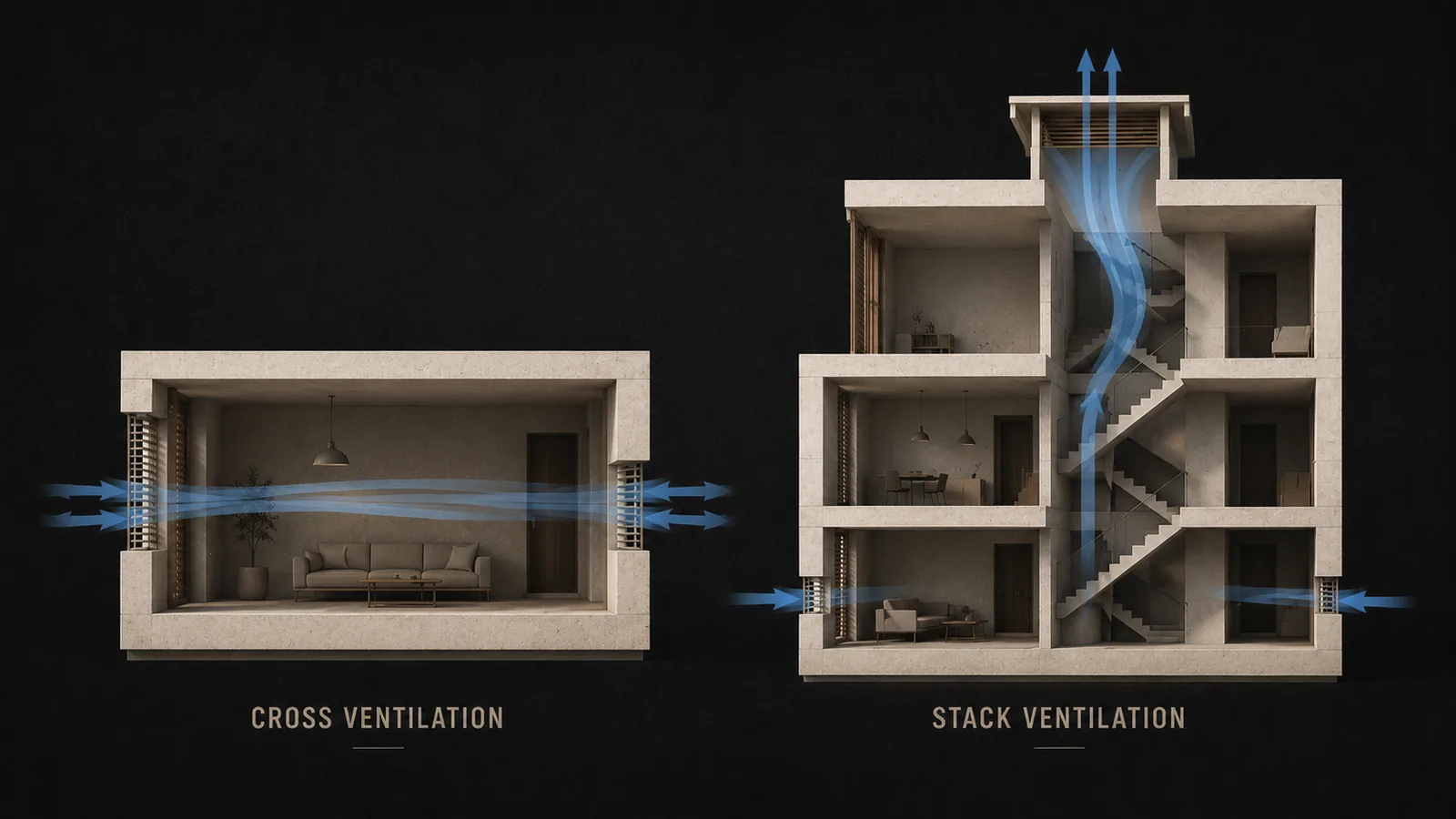 Comparison diagram showing horizontal cross ventilation beside vertical stack ventilation