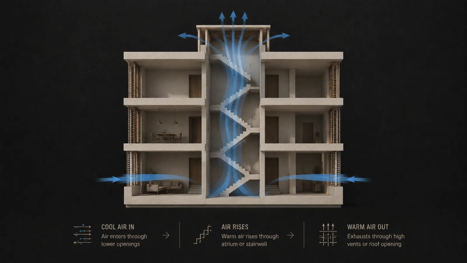 Atrium and stairwell stack ventilation diagram showing warm air rising through a vertical void
