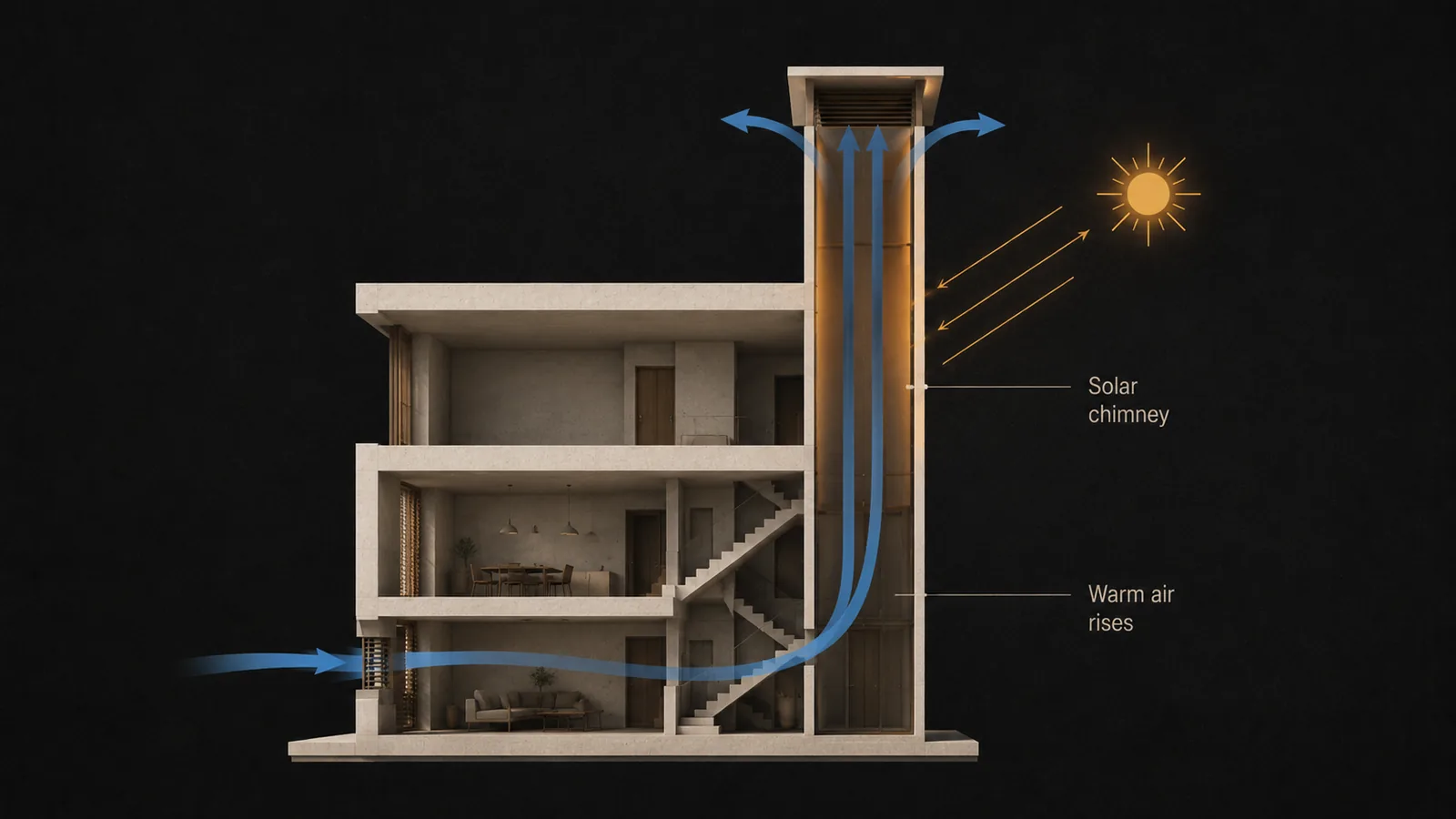 Solar chimney architecture diagram showing sun-heated vertical shaft pulling warm air upward