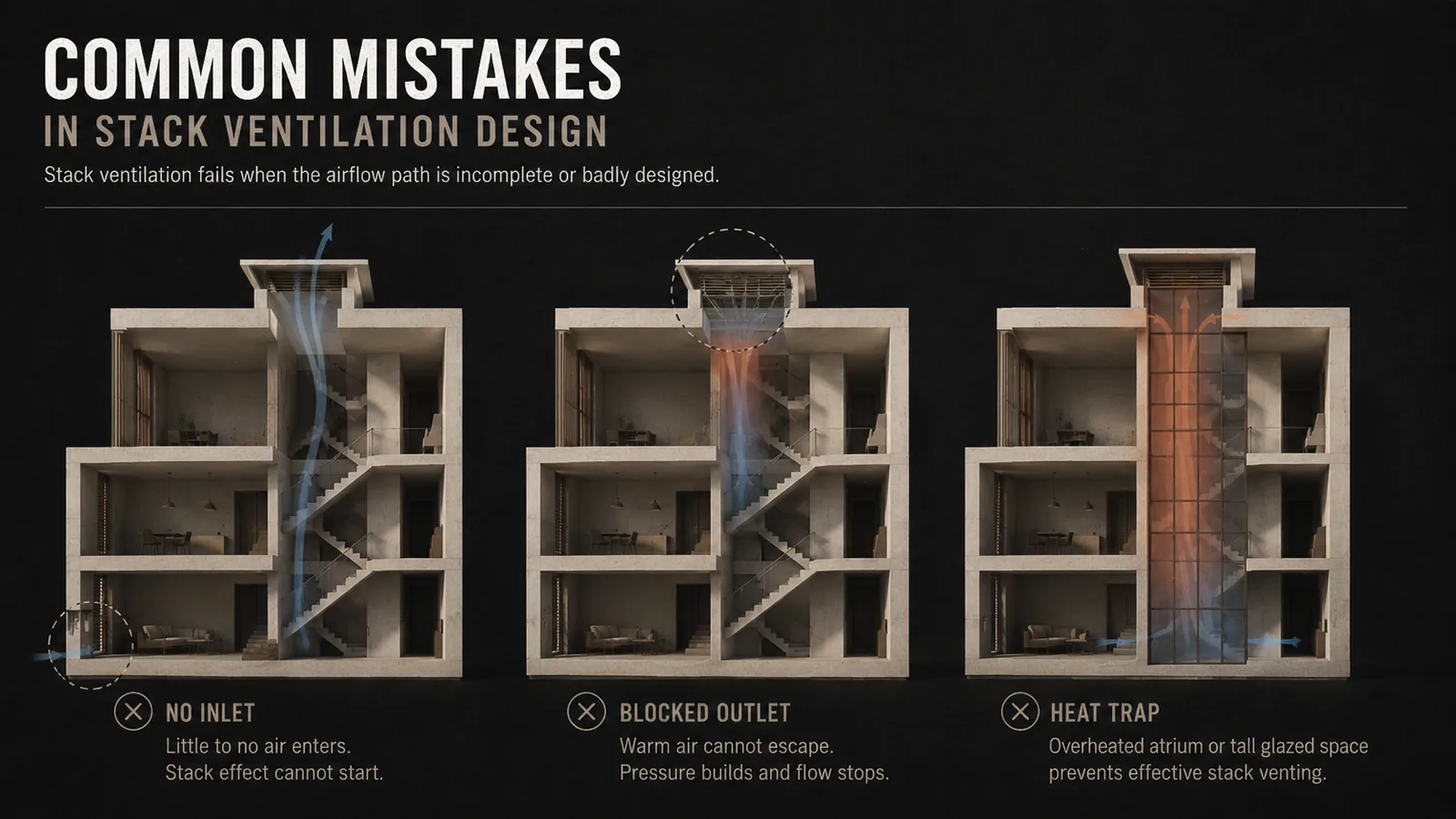 Diagram showing stack ventilation mistakes: missing low inlet, sealed high outlet, and overheated atrium