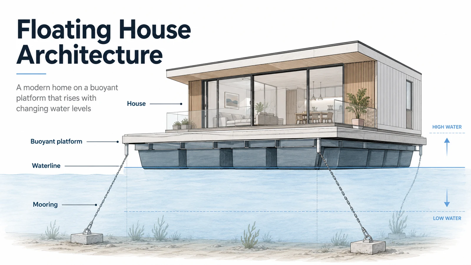 Floating house architecture diagram showing a modern home on a buoyant platform rising with changing water levels