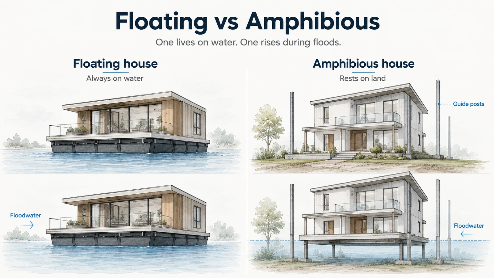 Comparison diagram showing a floating house permanently on water beside an amphibious house rising during flood conditions