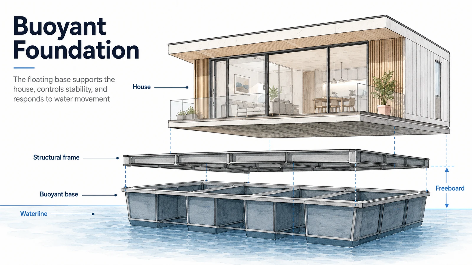 Floating house buoyant foundation diagram showing platform, waterline, structural frame, and house above
