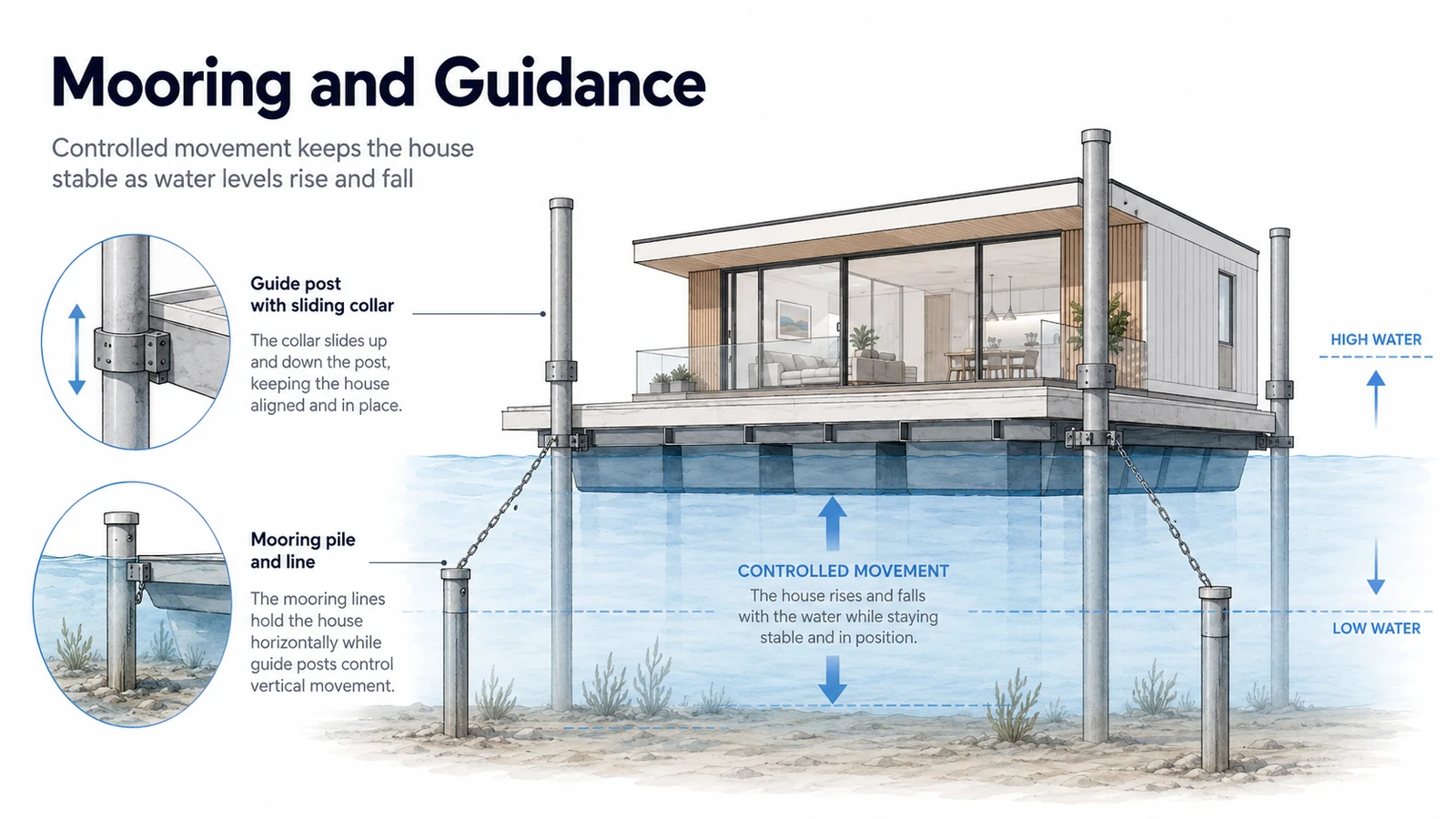 Mooring and guidance system diagram showing a floating house attached to vertical posts while rising and falling with water level