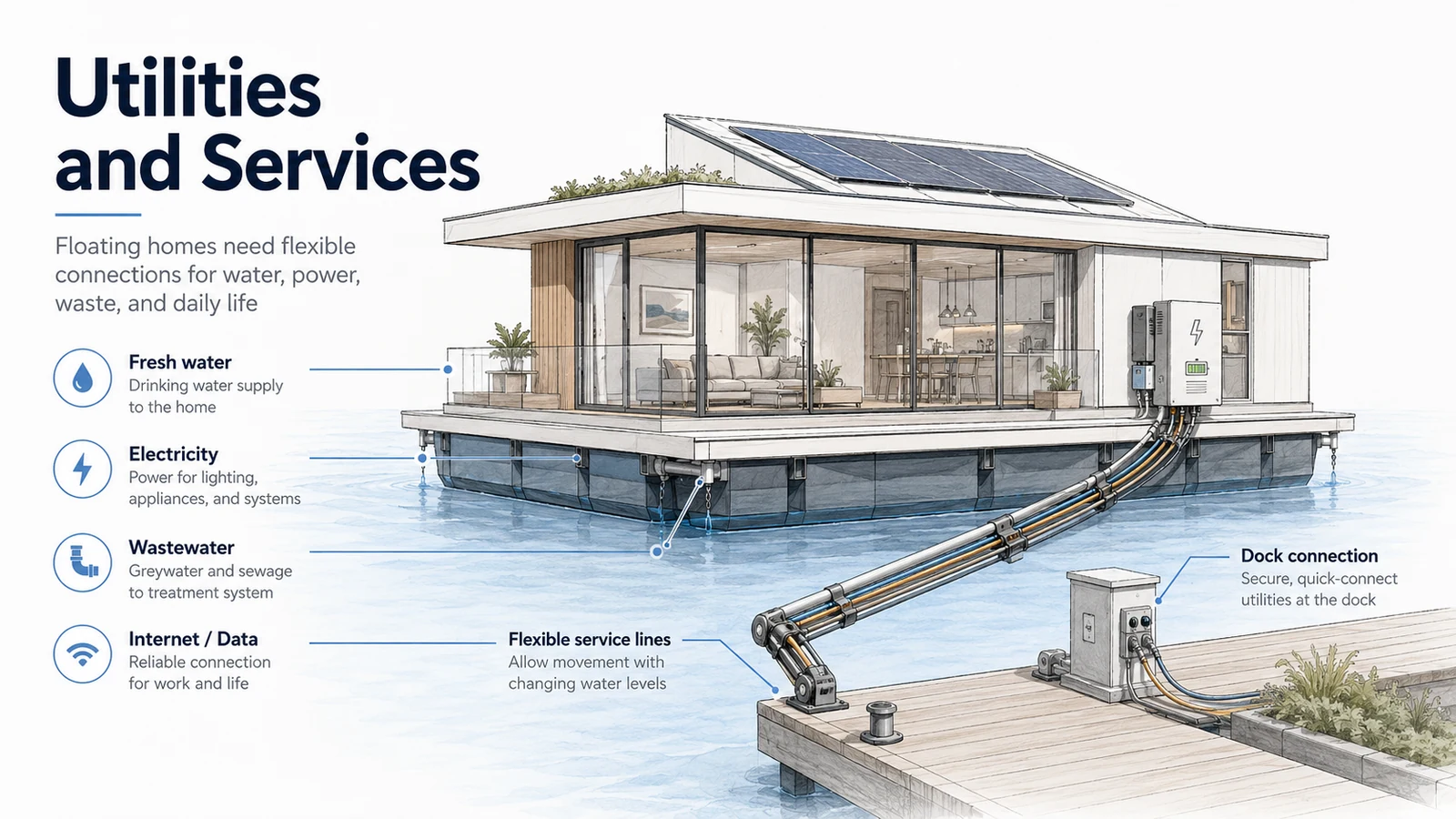 Floating house utilities and services diagram showing flexible water, power, wastewater, and dock connections