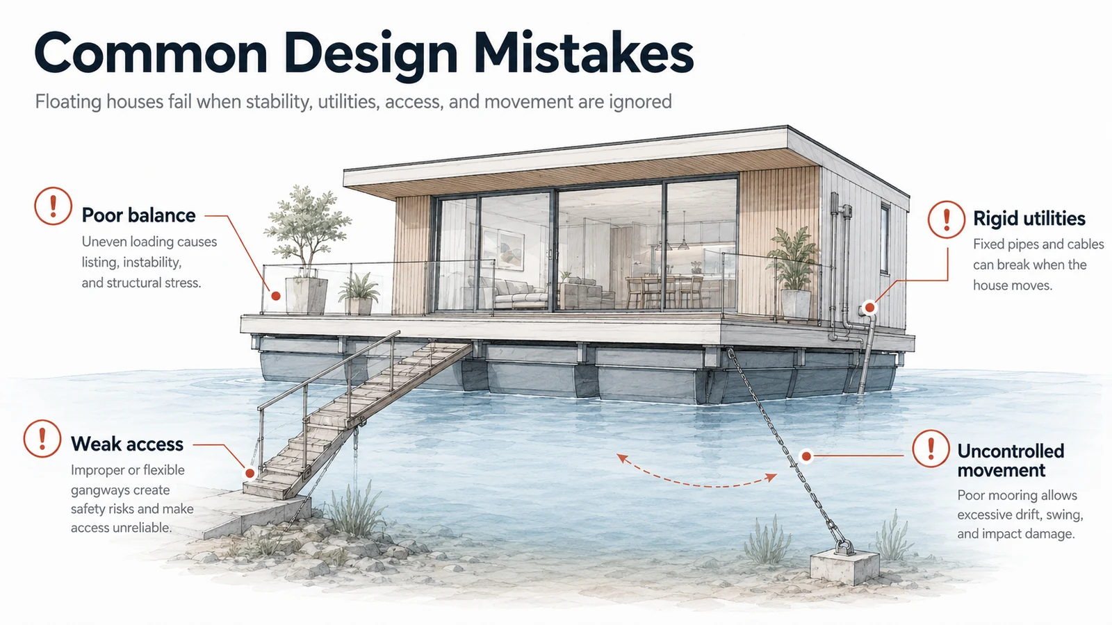 Diagram showing common floating house design mistakes including poor balance, rigid utilities, weak access, and uncontrolled movement
