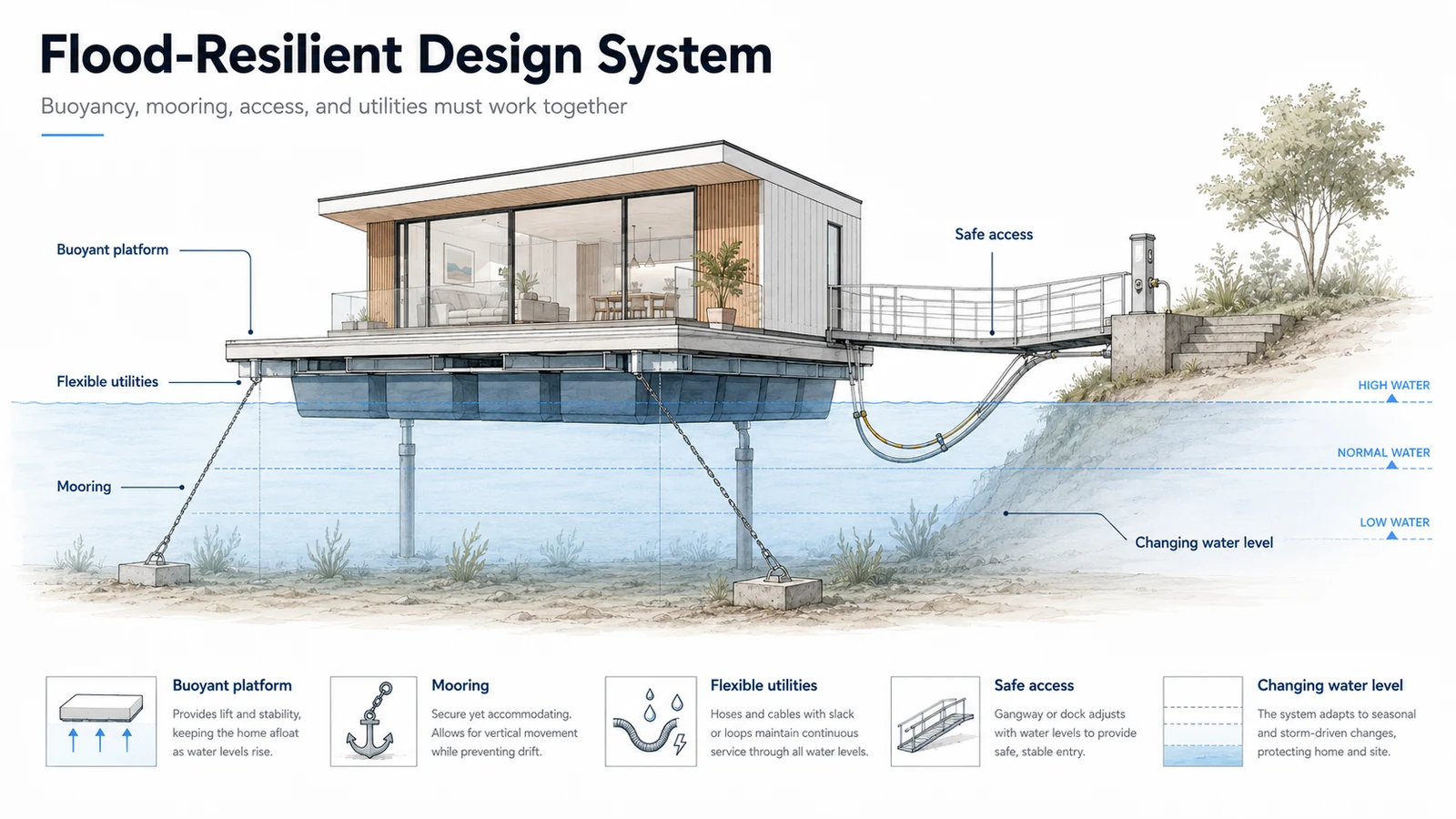 Flood-resilient floating house system diagram showing buoyancy, mooring, flexible utilities, safe access, and water-level change