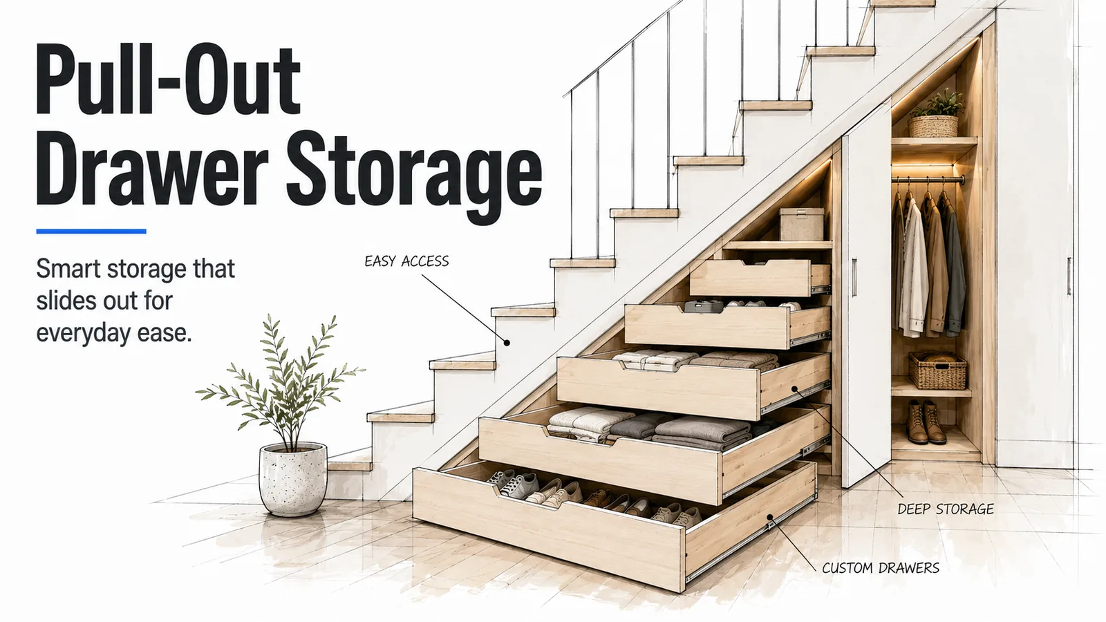 Pull-out drawer storage below stairs with deep timber drawers and easy access