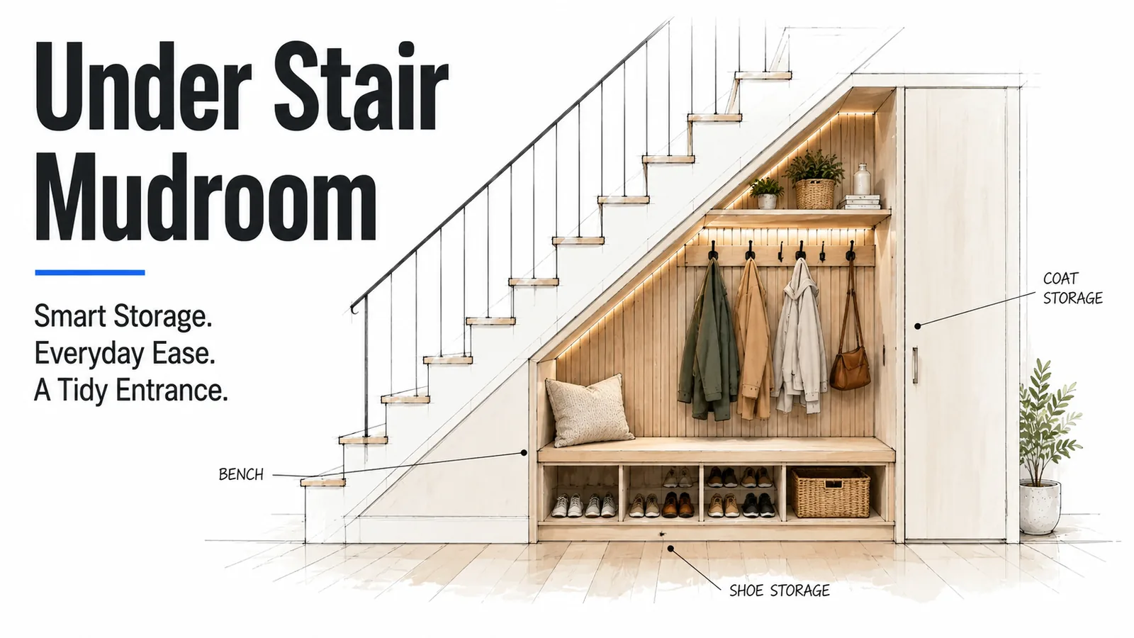 Under stair mudroom with bench, coat hooks, shoe storage, and tall cupboard