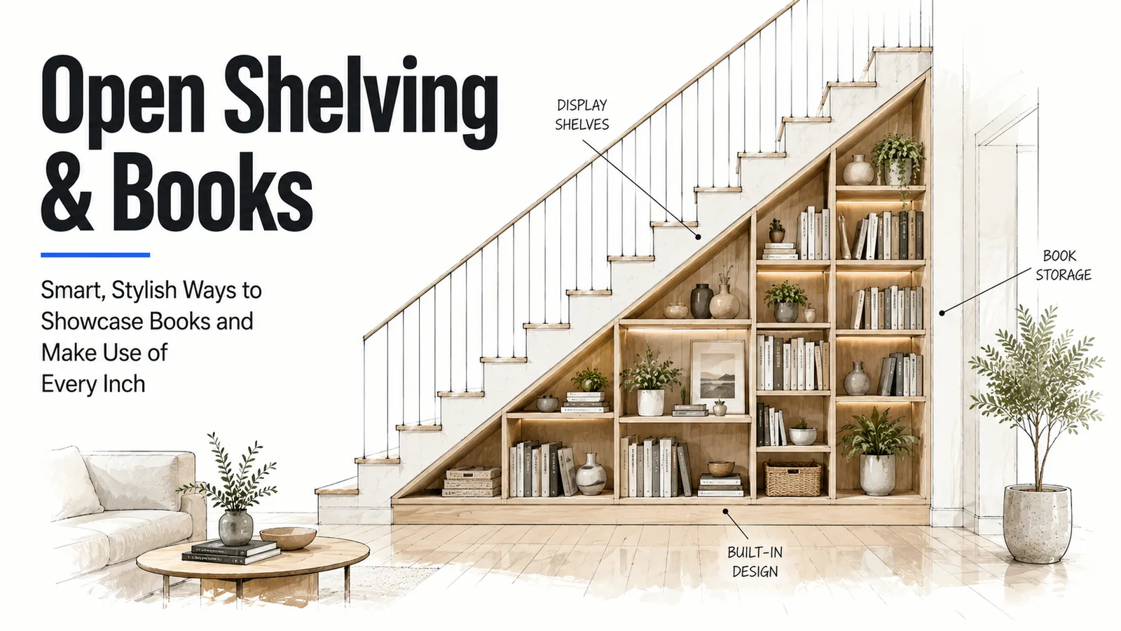 Open shelving and bookshelves built below a staircase in a living room