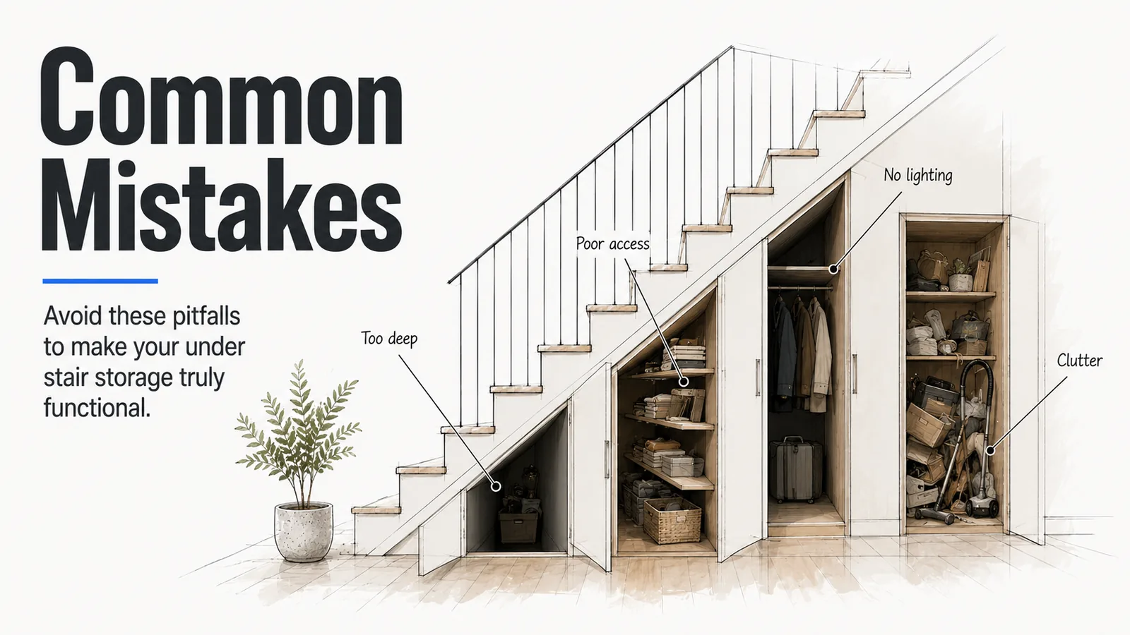 Common under stair storage mistakes including poor access, no lighting, clutter, and overly deep storage