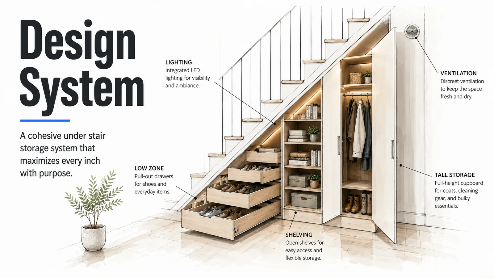 Under stair storage design system showing lighting, ventilation, pull-out drawers, shelving, and tall storage